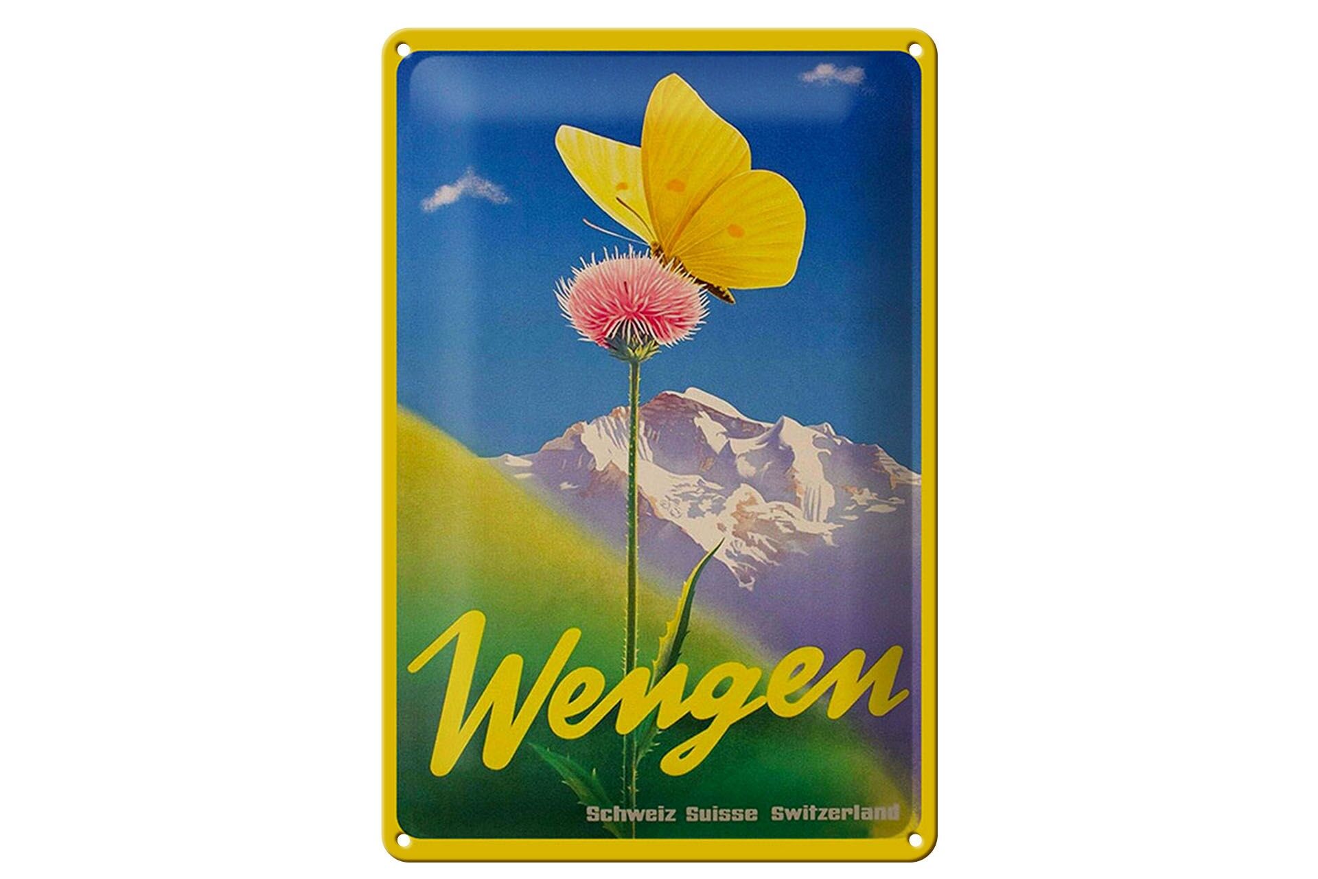 Blechschild Reise 20x30 cm Wengen Schweiz Blume mit Schmetterling Deko Schild