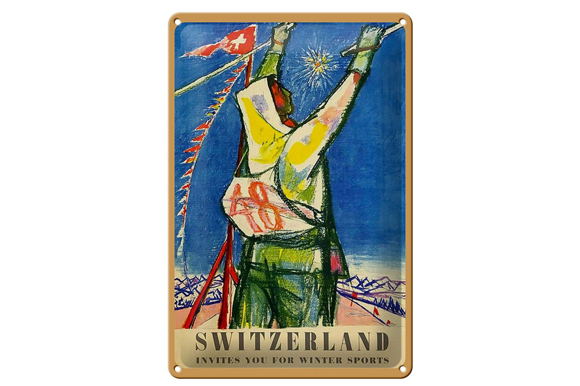 Blechschild Reise 20x30 cm Switzerland invites for winter sport Deko Schild
