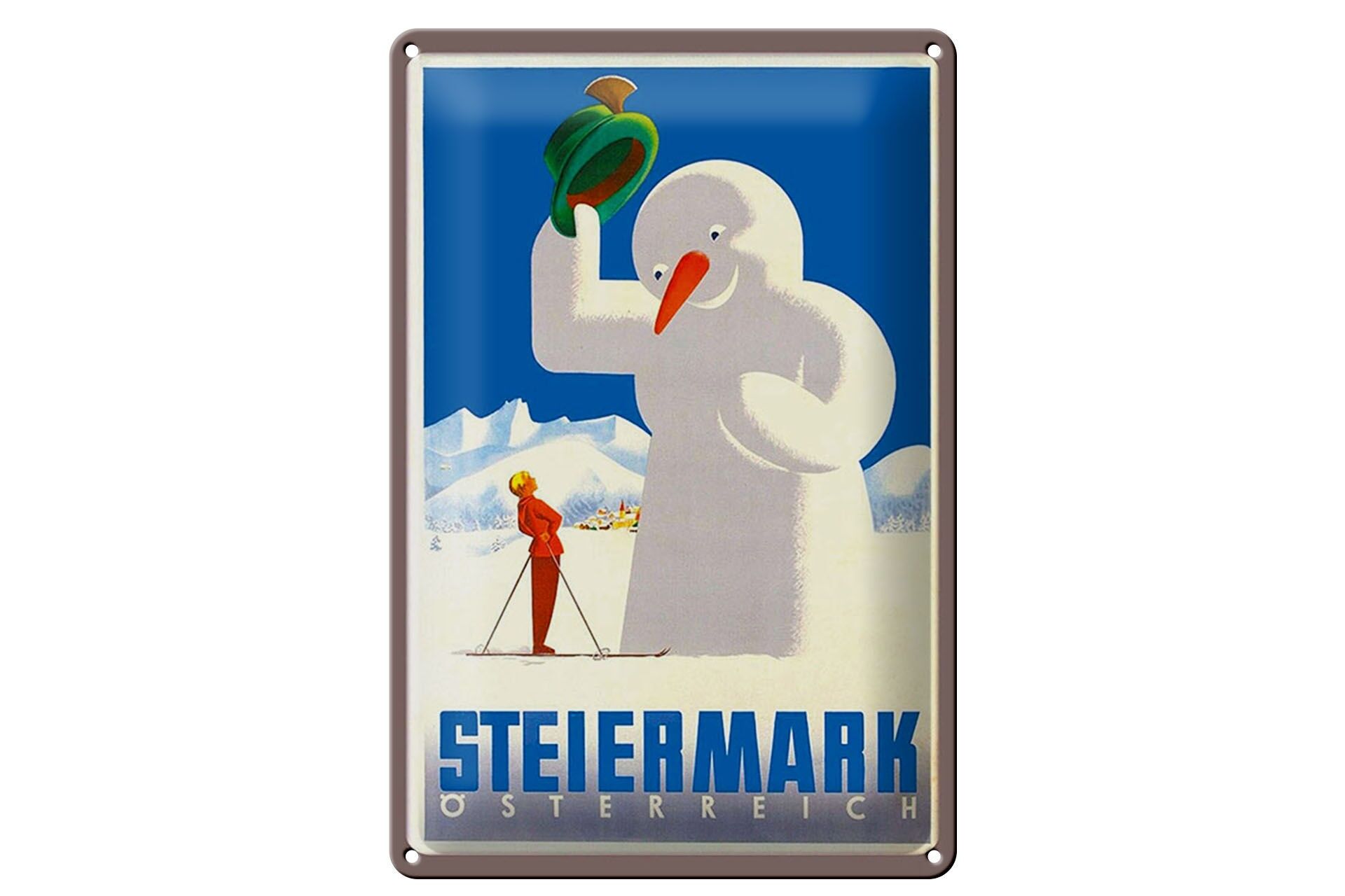 Blechschild Reise 20x30 cm Österreich Steiermark Schneemann Deko Schild