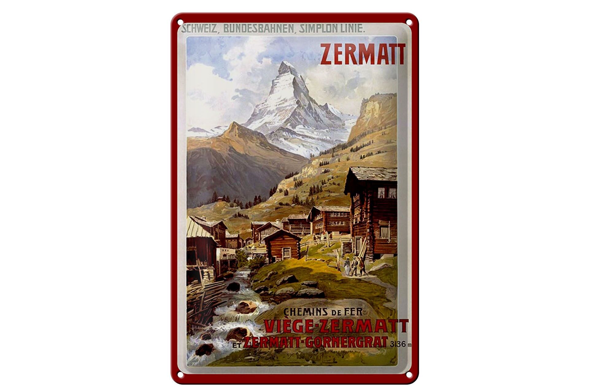 Blechschild Reise 20x30 cm Schweiz Zermatt Bundesbahnen Deko Schild