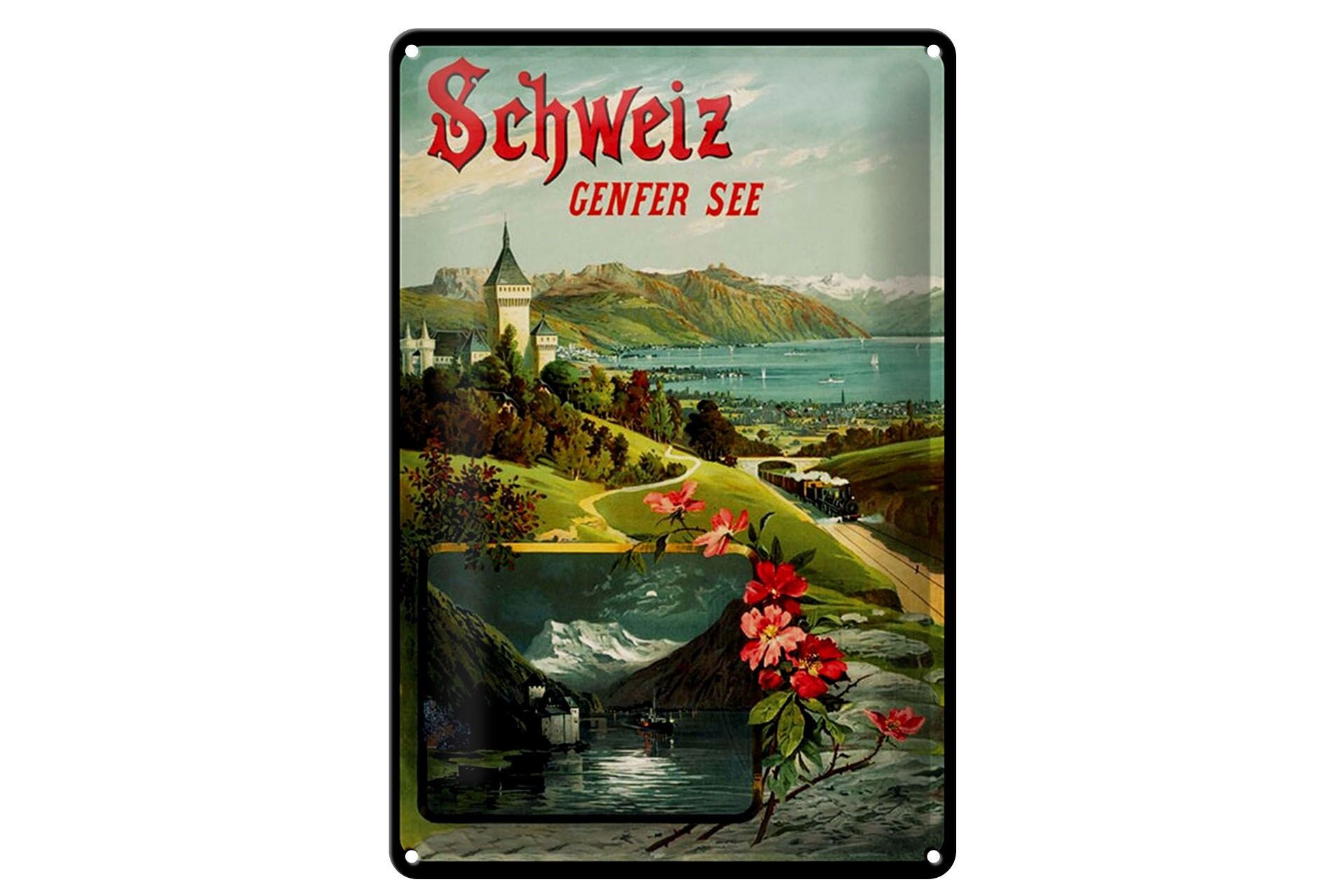 Blechschild Reise 20x30 cm Schweiz Genfer See Nostalgie Deko Schild