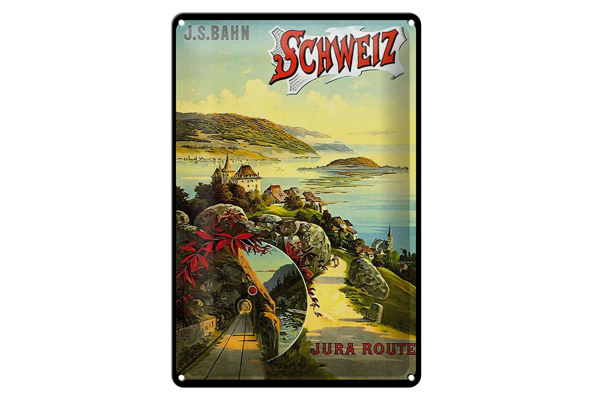 Blechschild Reise 20x30 cm J.S.Bahn Schweiz Jura Route Nostalgie Deko Schild