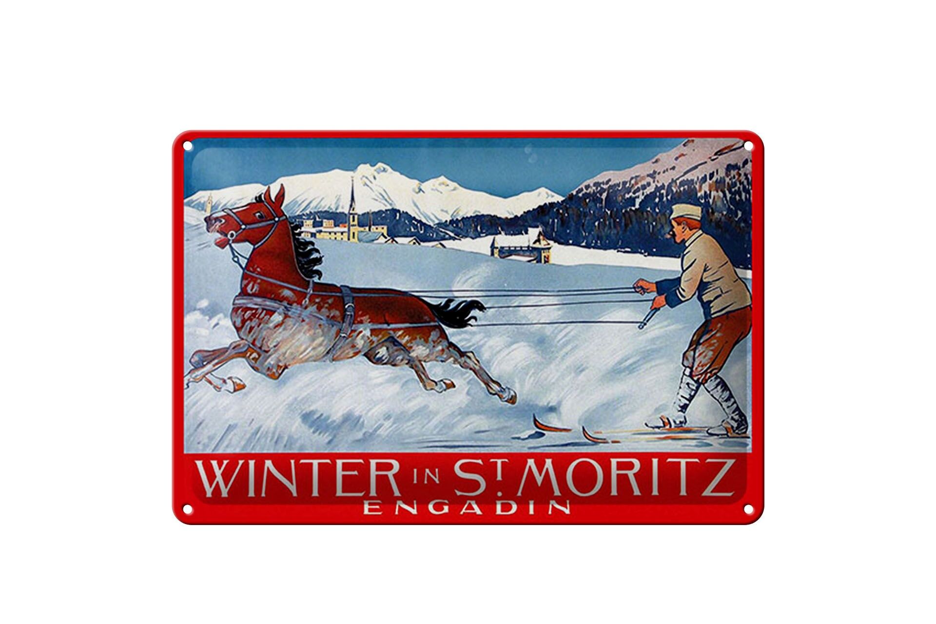 Blechschild Reise 20x30 cm Winter in St. Moritz engadin Deko Schild