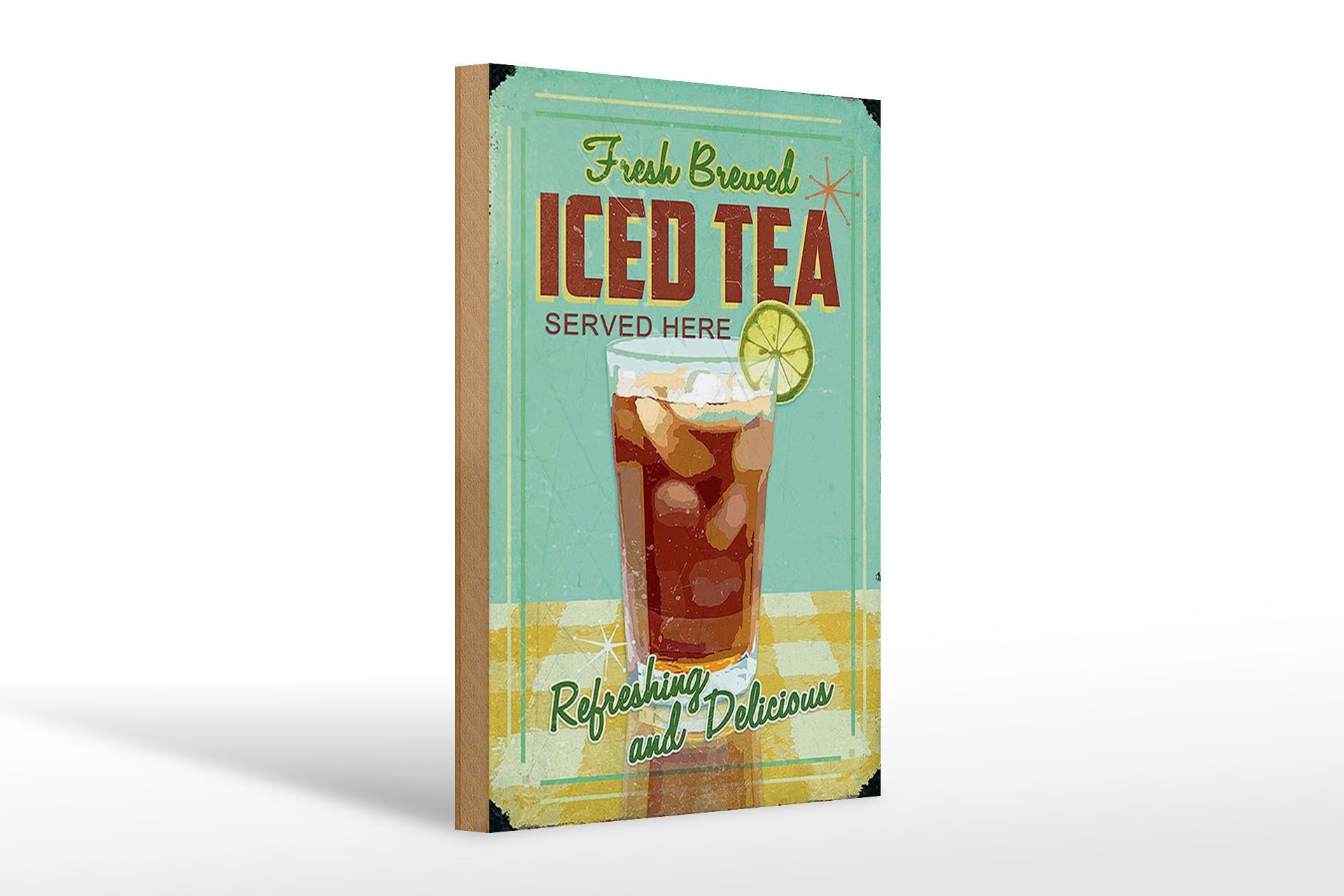 Holzschild Retro 20x30 cm Fresh brewed Iced Tea Deko Schild