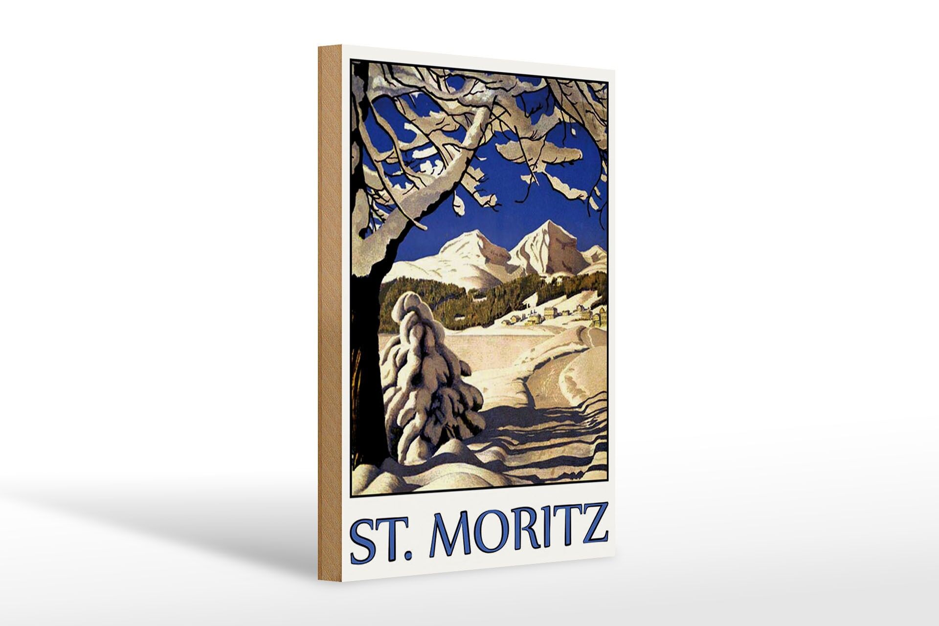 Holzschild Reise 20x30 cm St. Moritz Bäume Schnee Berge Deko Schild