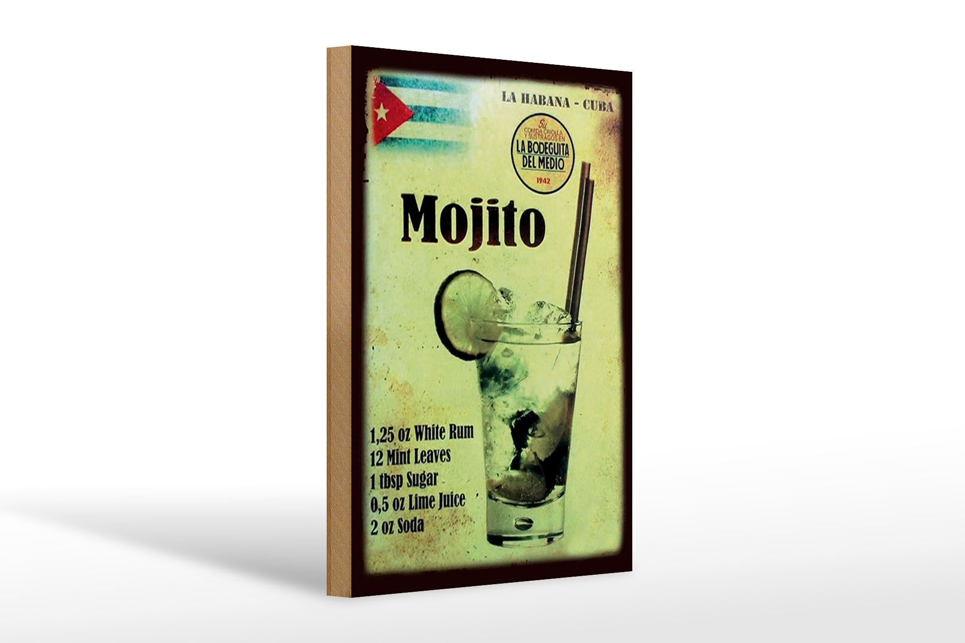 Holzschild Cocktail 20x30 cm mojito Rezept Retro Kuba Flagge Deko Schild