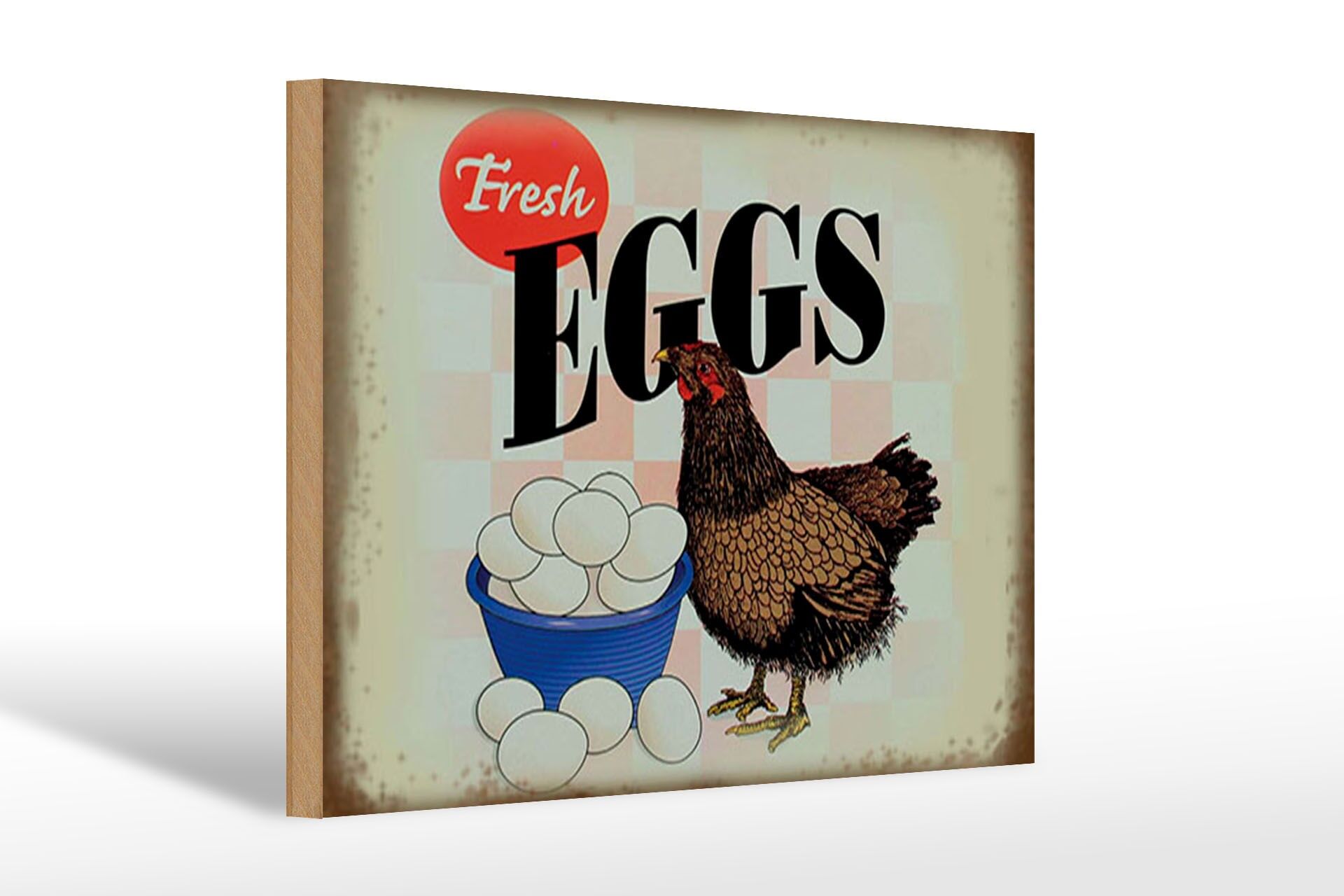 Holzschild Hinweis 20x30 cm Reklame Fresh eggs Hahn Eier Deko Schild