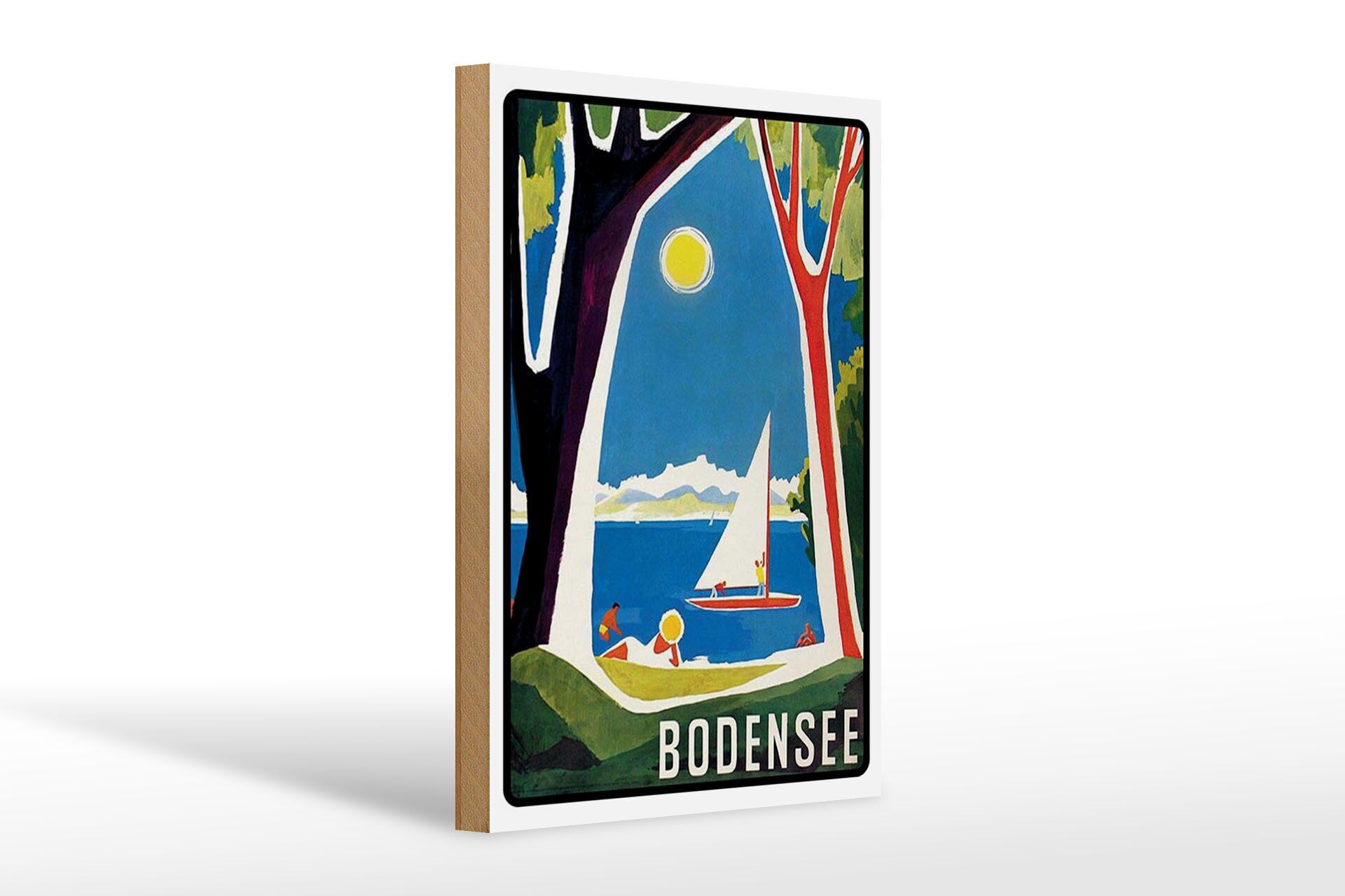 Holzschild Reise 20x30 cm Bodensee Segelboot Bäume Deko Schild