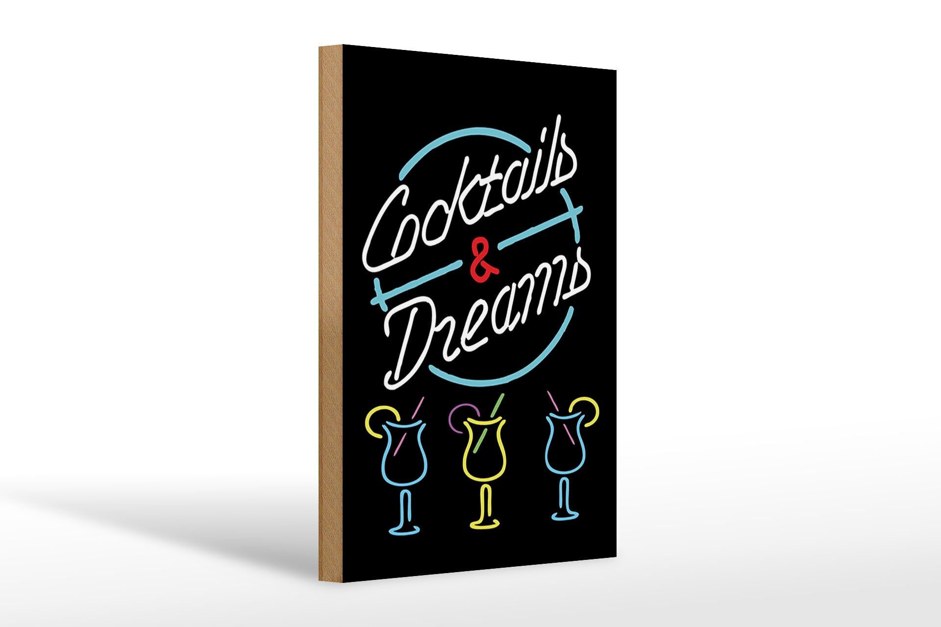 Holzschild Reklame 20x30 cm Cocktails and dreams Neonoptik Deko Schild