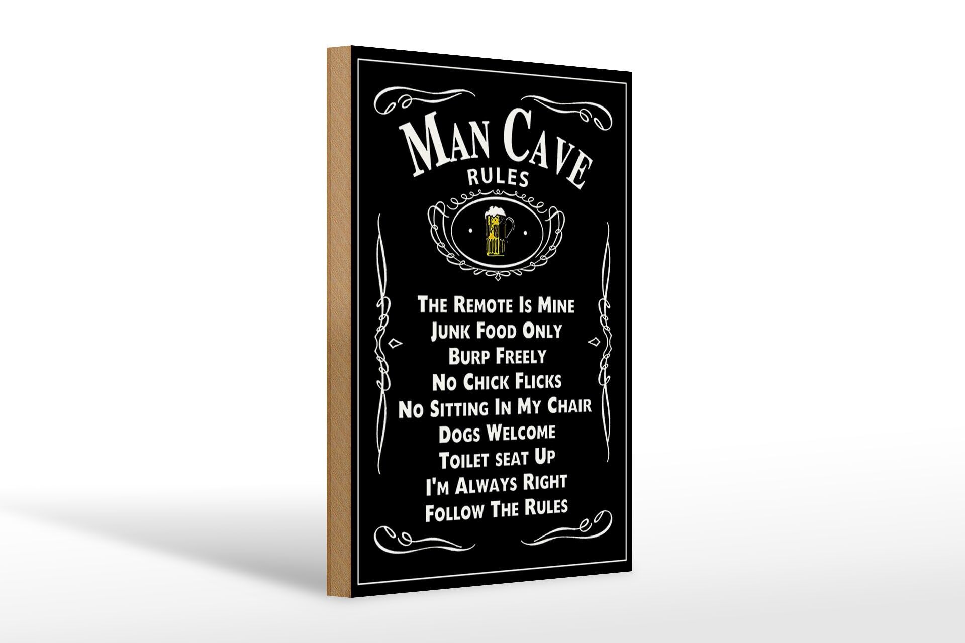 Holzschild Spruch 20x30 cm Man Cave rules Bierglas Deko Schild