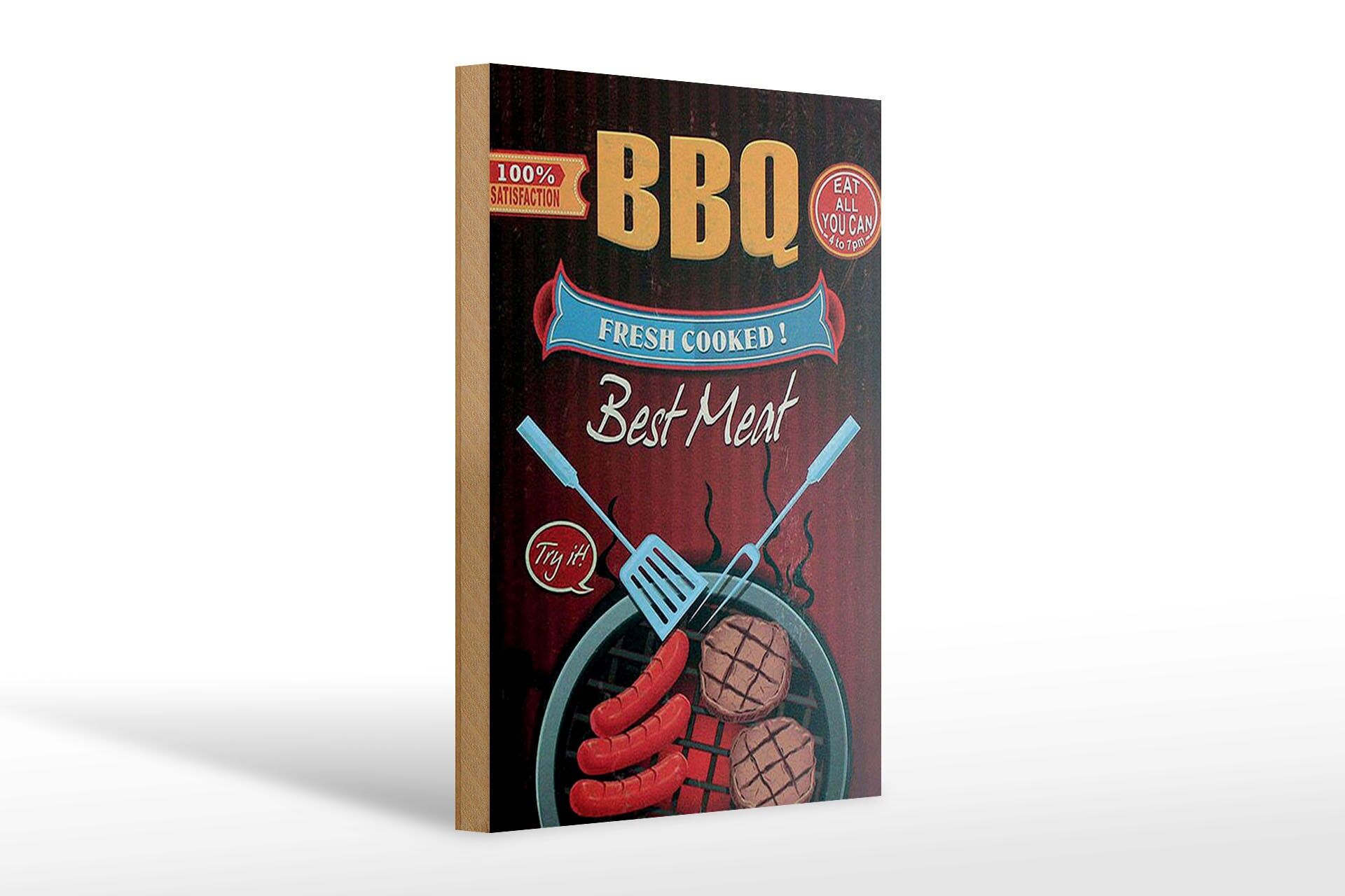 Holzschild Reklame 20x30 cm BBQ Fresh cooked Eat all you can Deko Schild