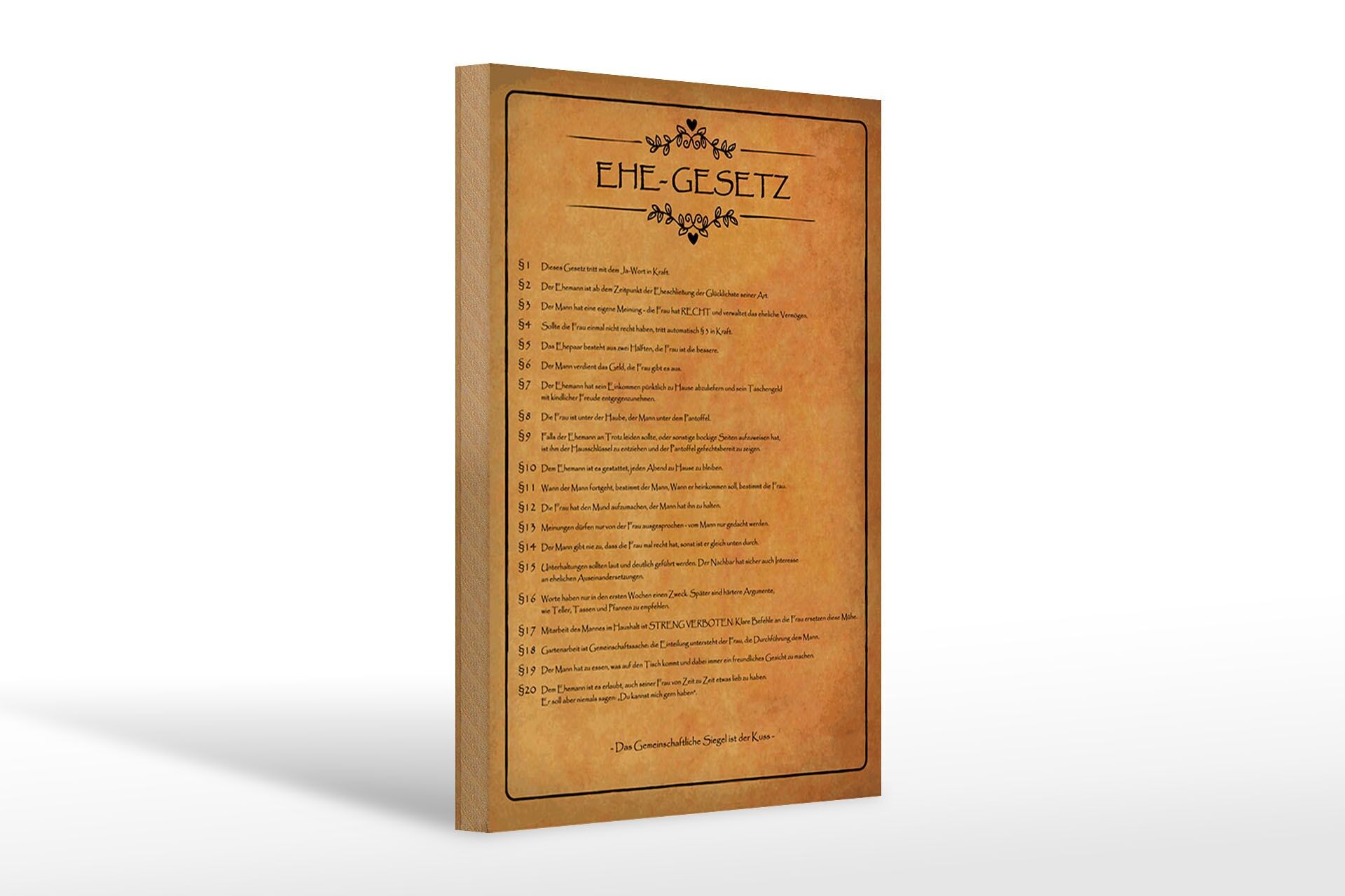 Holzschild Spruch 20x30 cm Ehe Gesetz Deko Schild