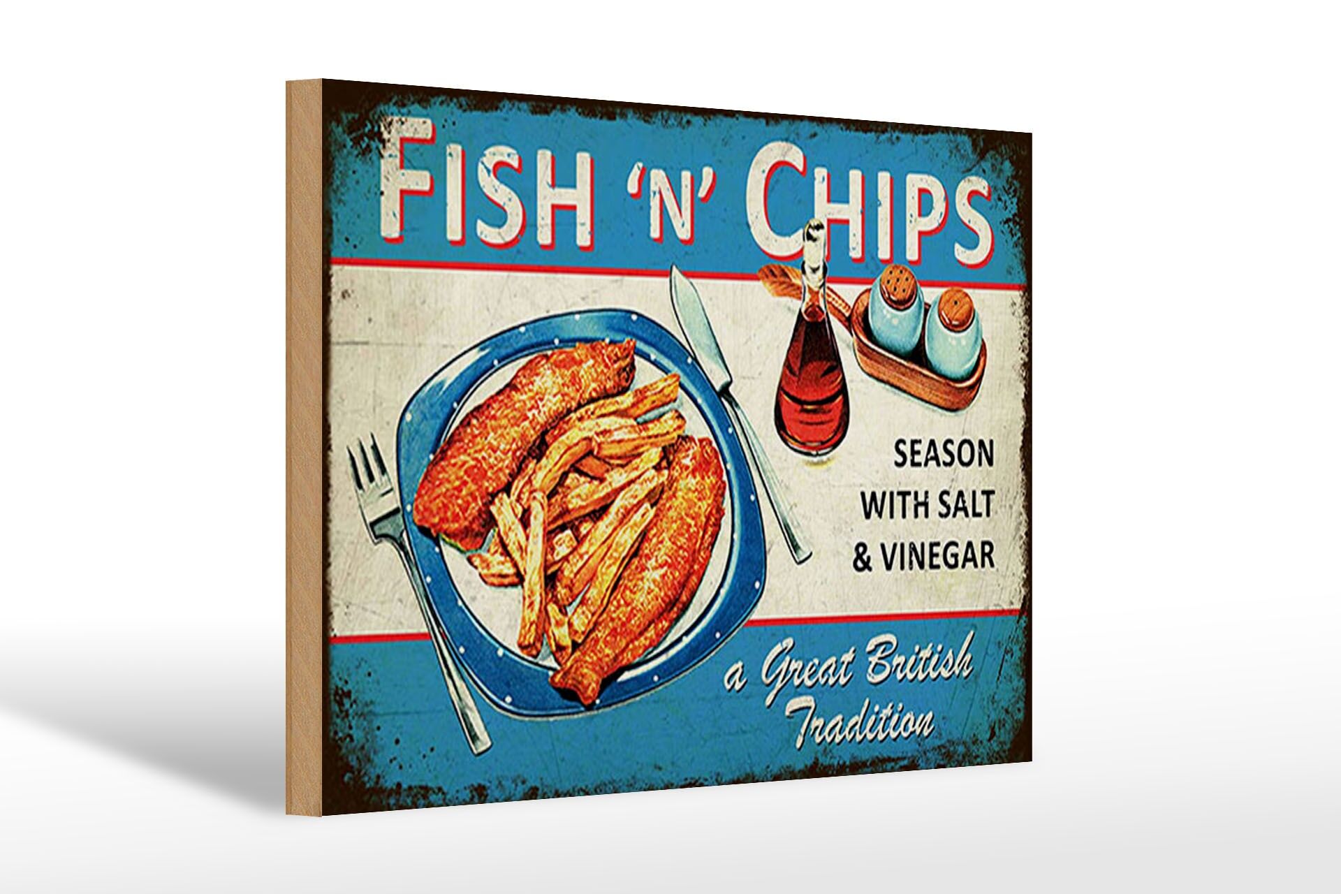 Holzschild Reklame 20x30 cm Fish n Chips Retro Deko Schild