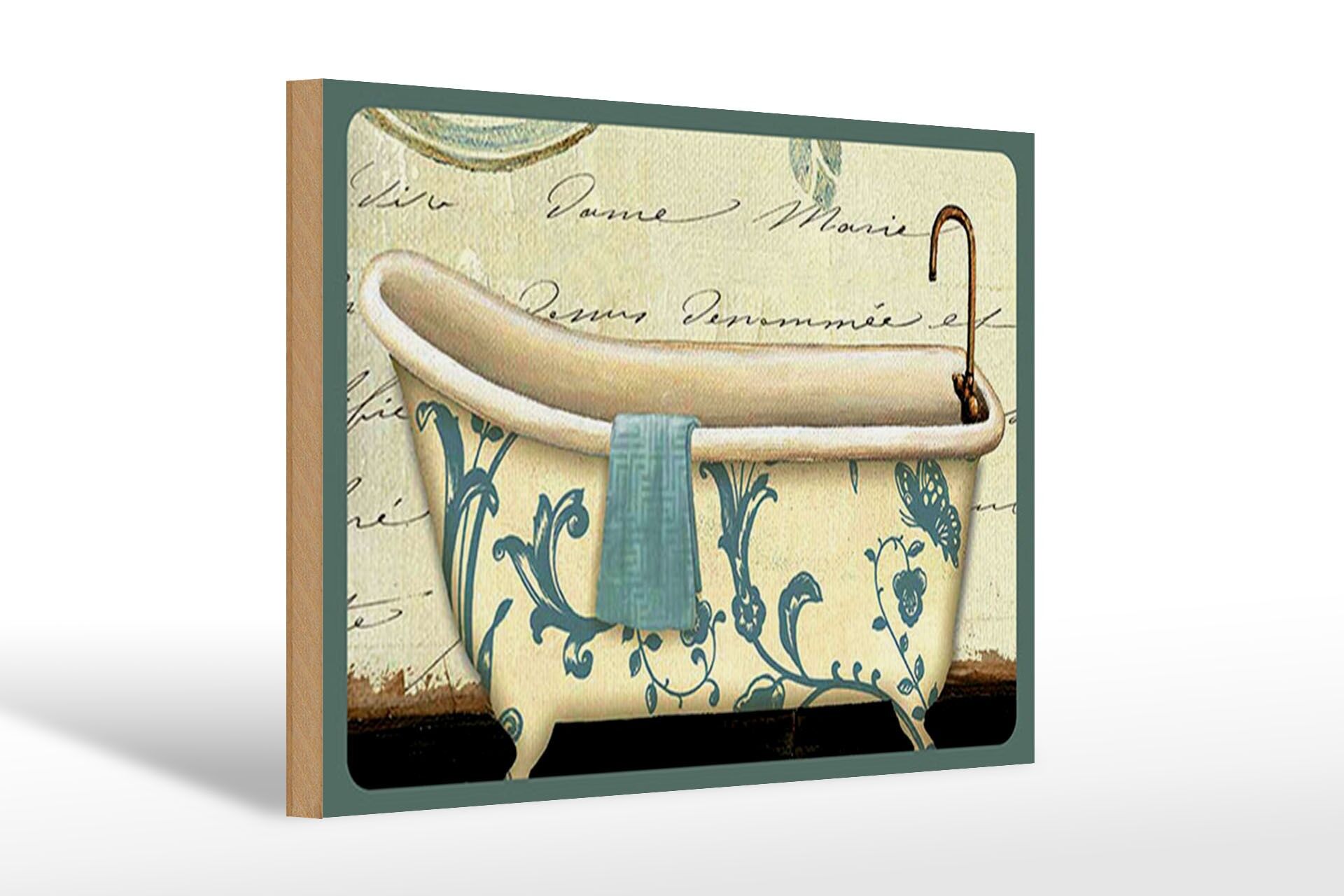 Panneau décoratif rétro en bois 20x30 cm représentant une baignoire et une serviette