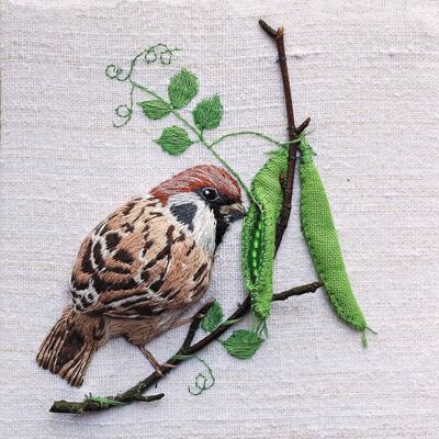 Sparrow with peapods 10cm mini card