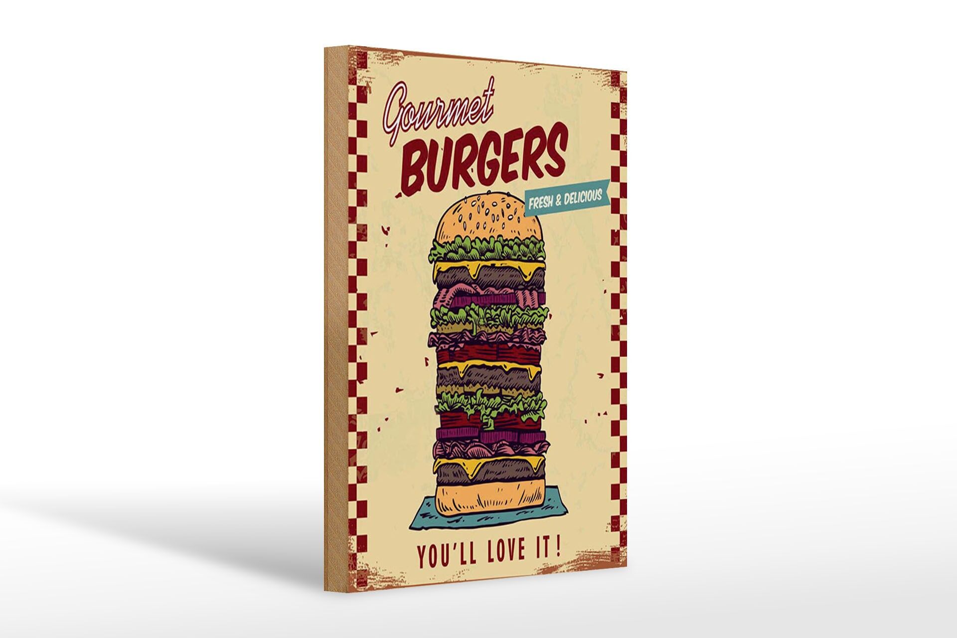 Holzschild Reklame 20x30 cm Gourmet Burgers Deko Schild