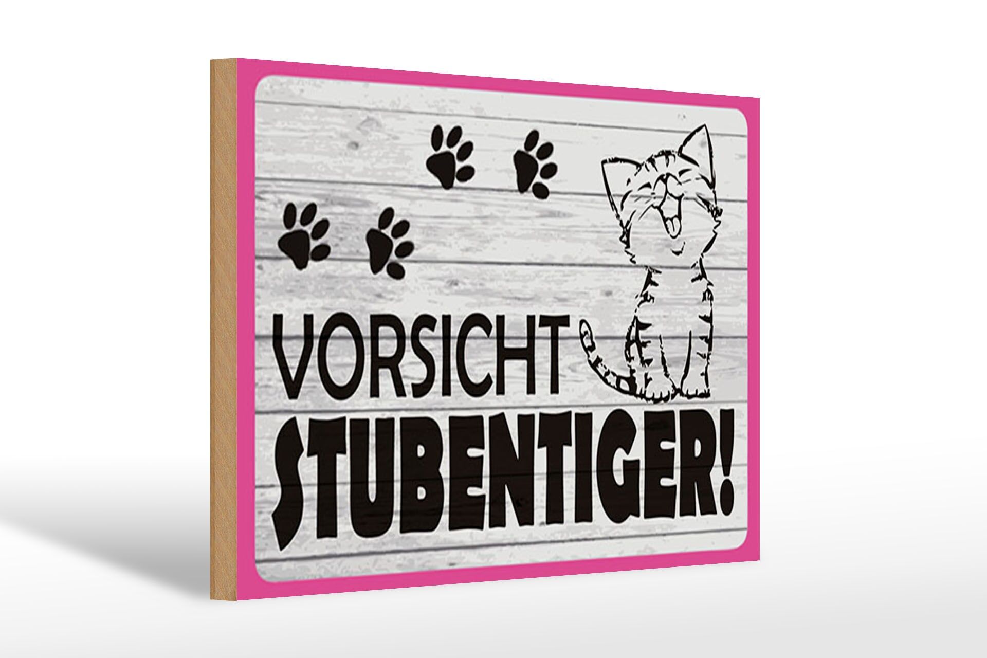Panneau en bois, avertissement 20x30 cm, Attention : Chat domestique, empreintes de pattes, panneau décoratif