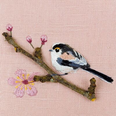 Long tailed tit with blossom 10cm mini card