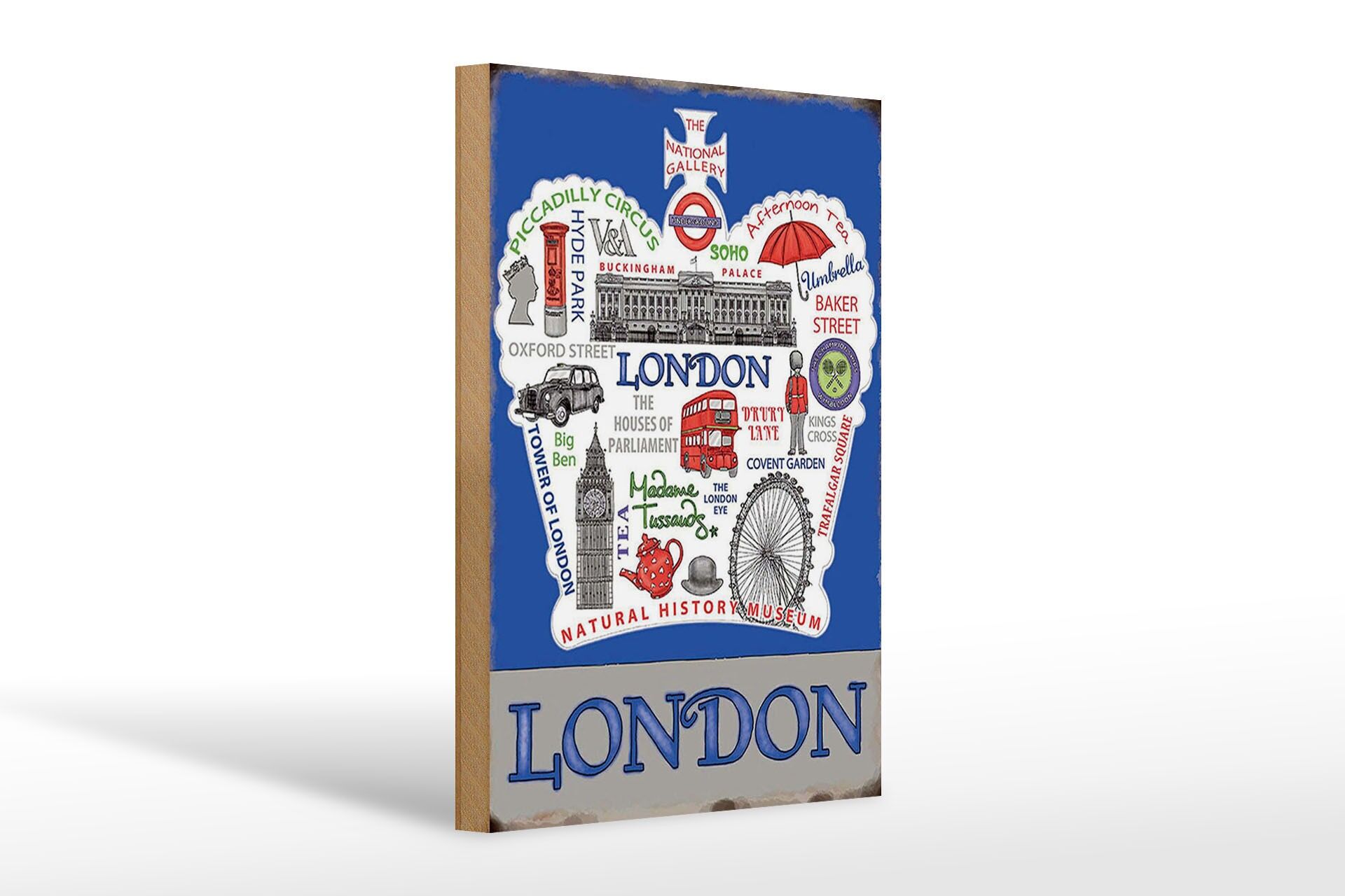 Holzschild Reise 20x30 cm London Sehenswürdigkeiten Übersicht Deko Schild