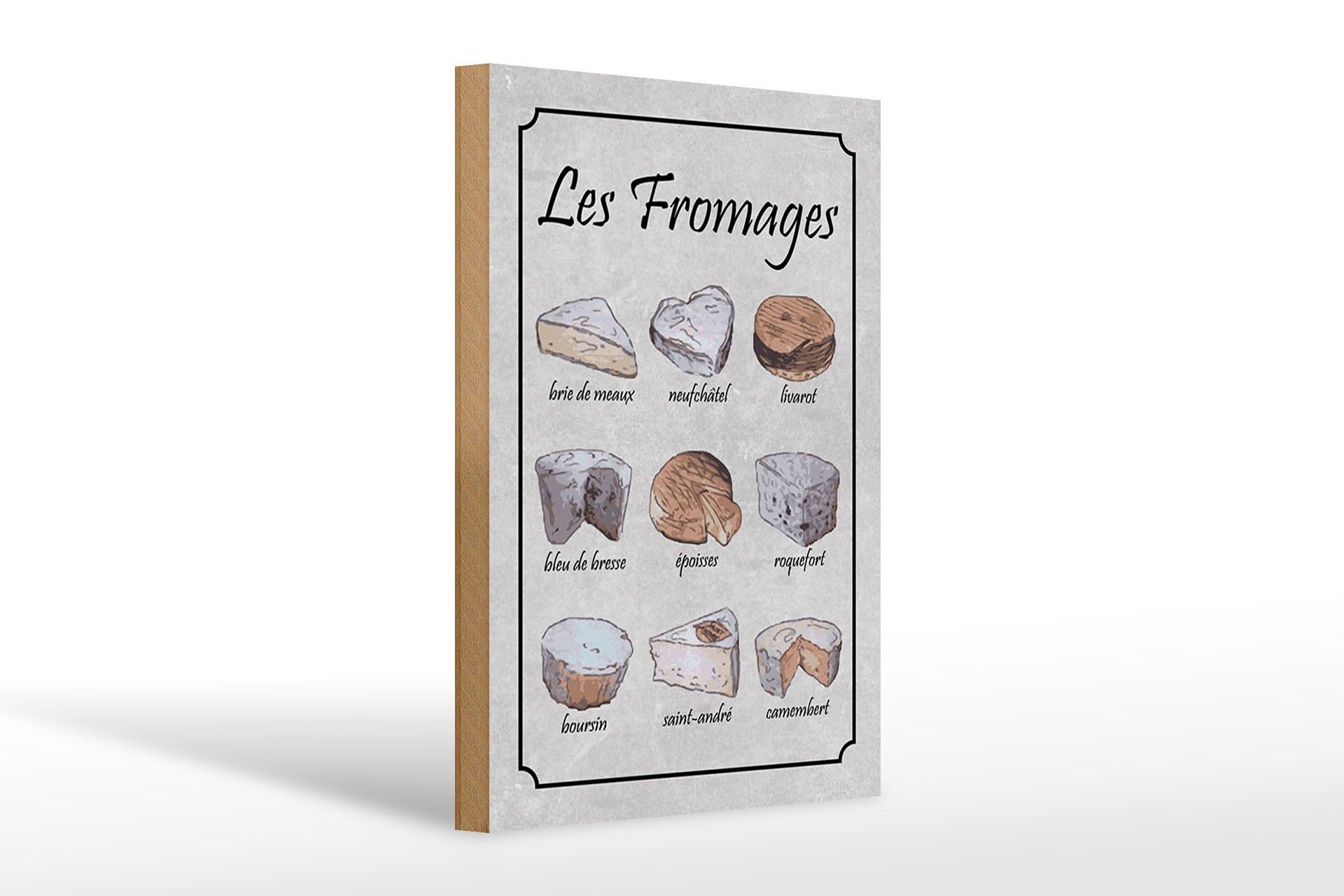 Holzschild Essen 20x30 cm 9 französische Käsesorten Les Fromages Deko Schild