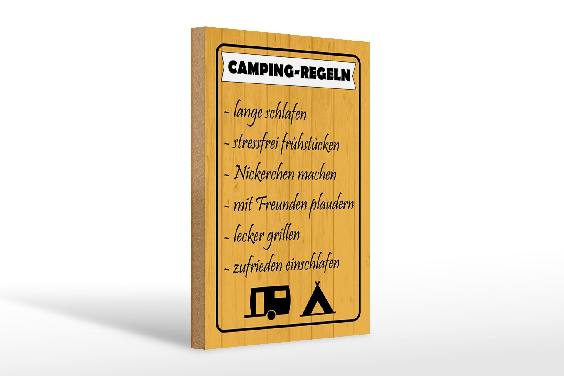 Holzschild Camping 20x30 cm Regeln Lange schlafen stressfrei Deko Schild