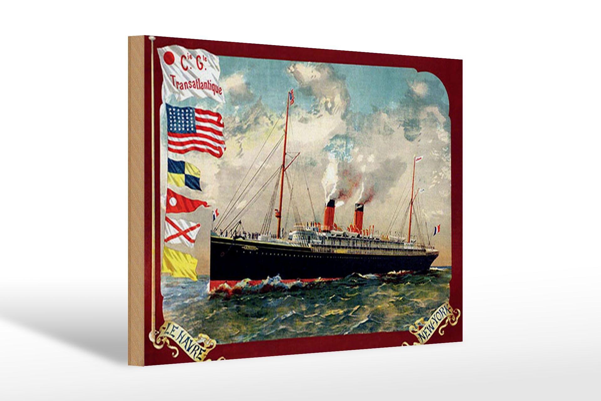 Holzschild Reise 20x30 cm Le havre New York Kreuzfahrtschiff Dampfer auf See