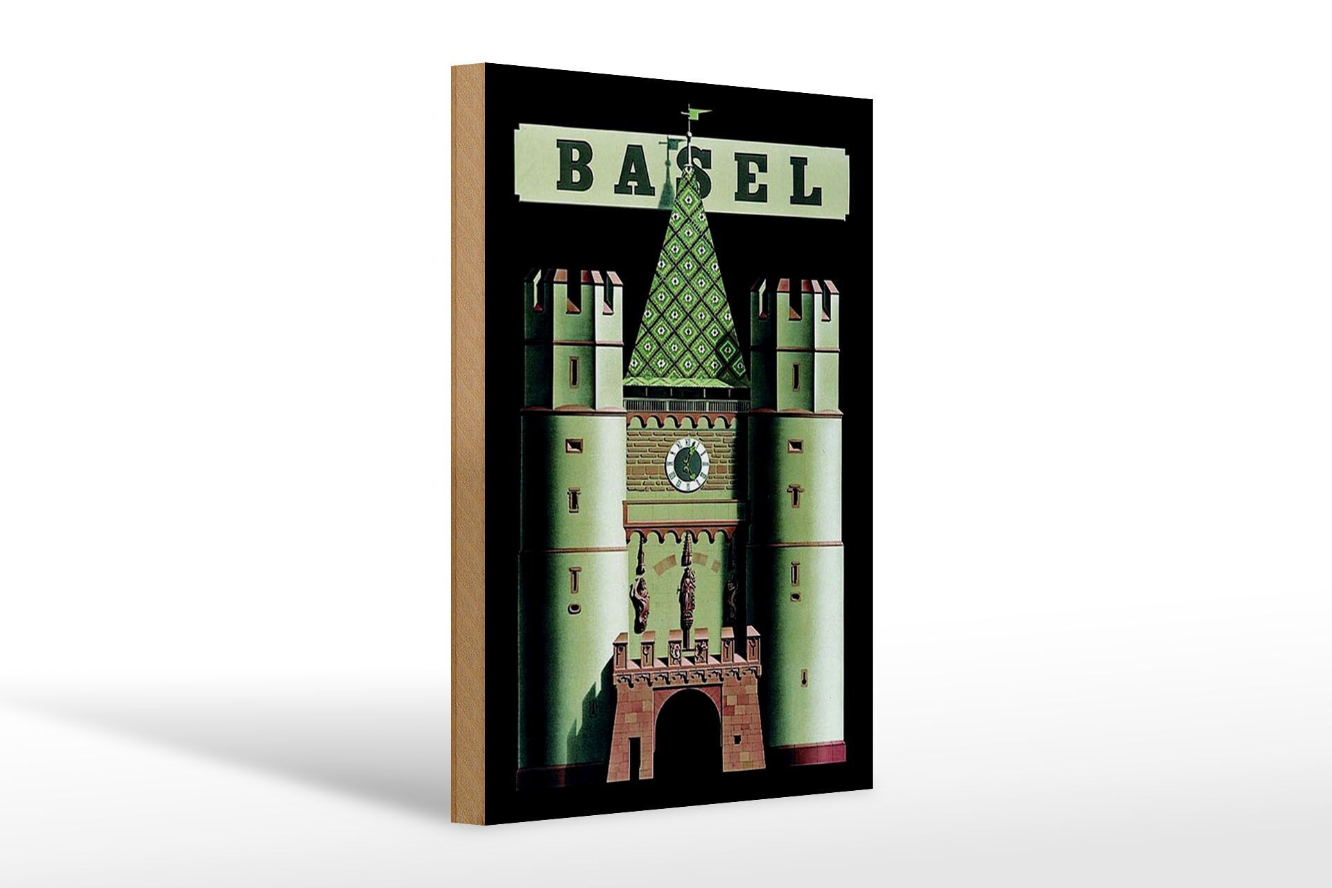 Holzschild Reise 20x30 cm Basel Schweiz Stadttor mit Turm Deko Schild