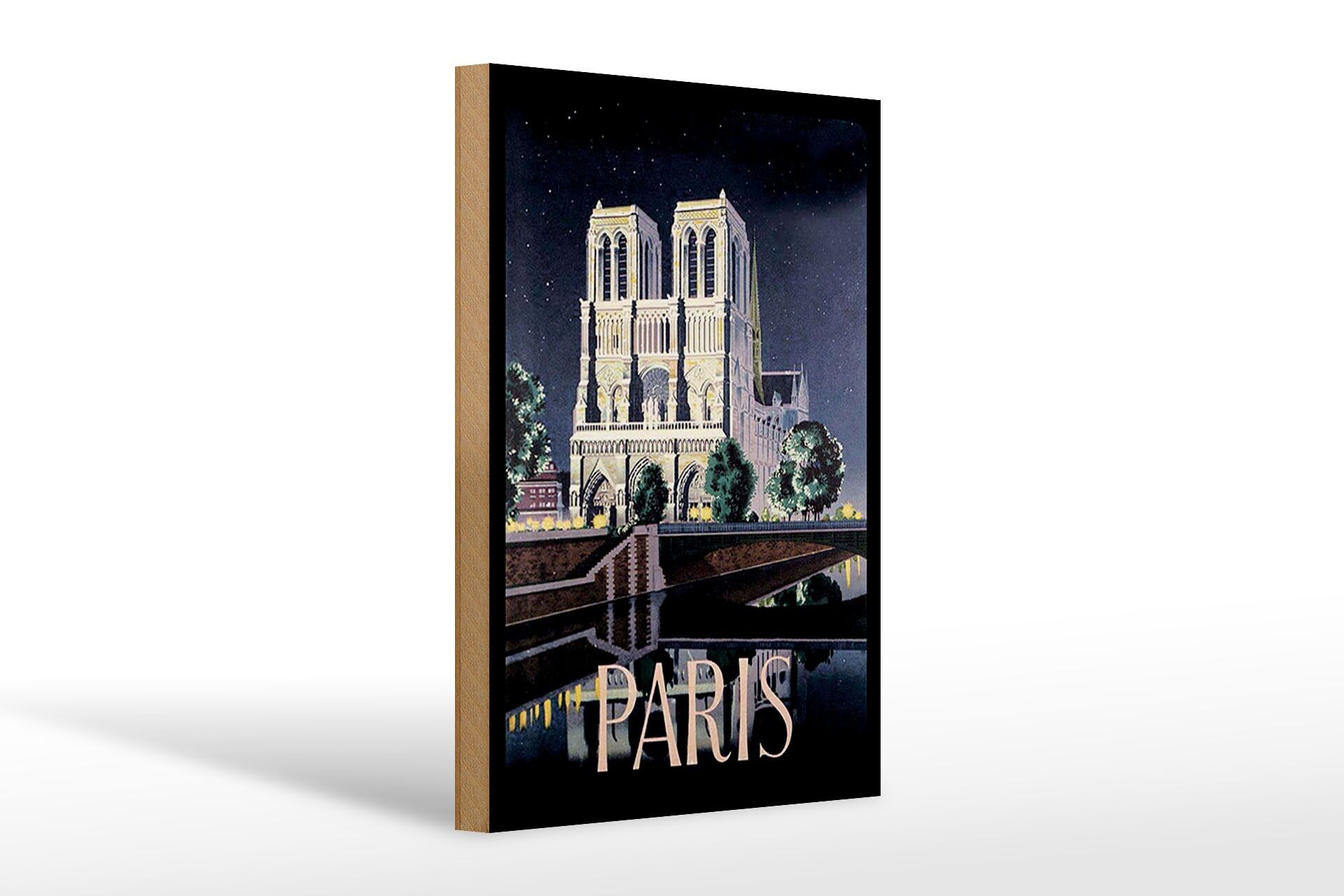 Holzschild Reise 20x30 cm Paris Dom bei Nacht Deko Schild