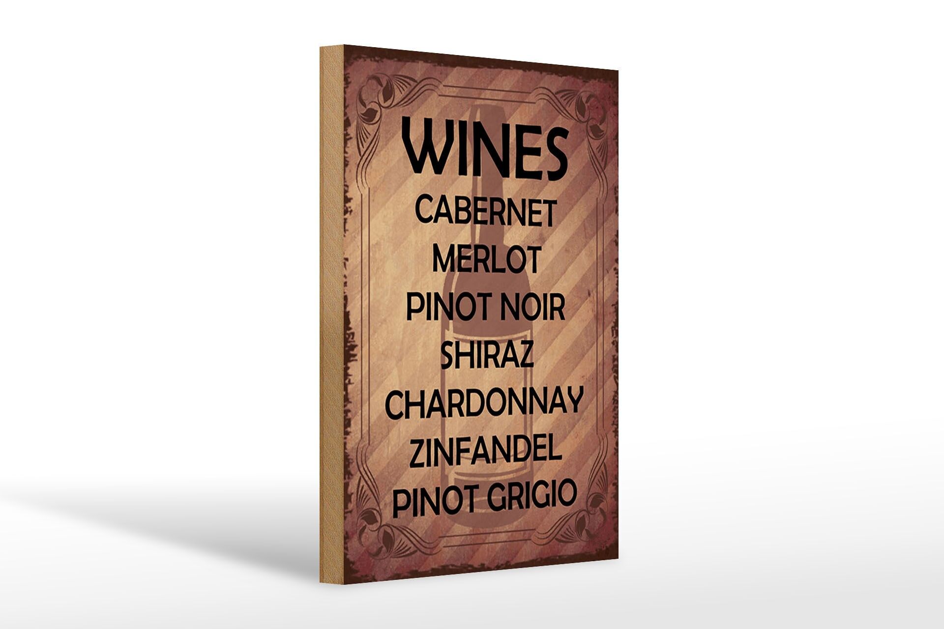 Letrero de madera "Alcohol" 20x30 cm, con 7 tipos de vino, decorativo.