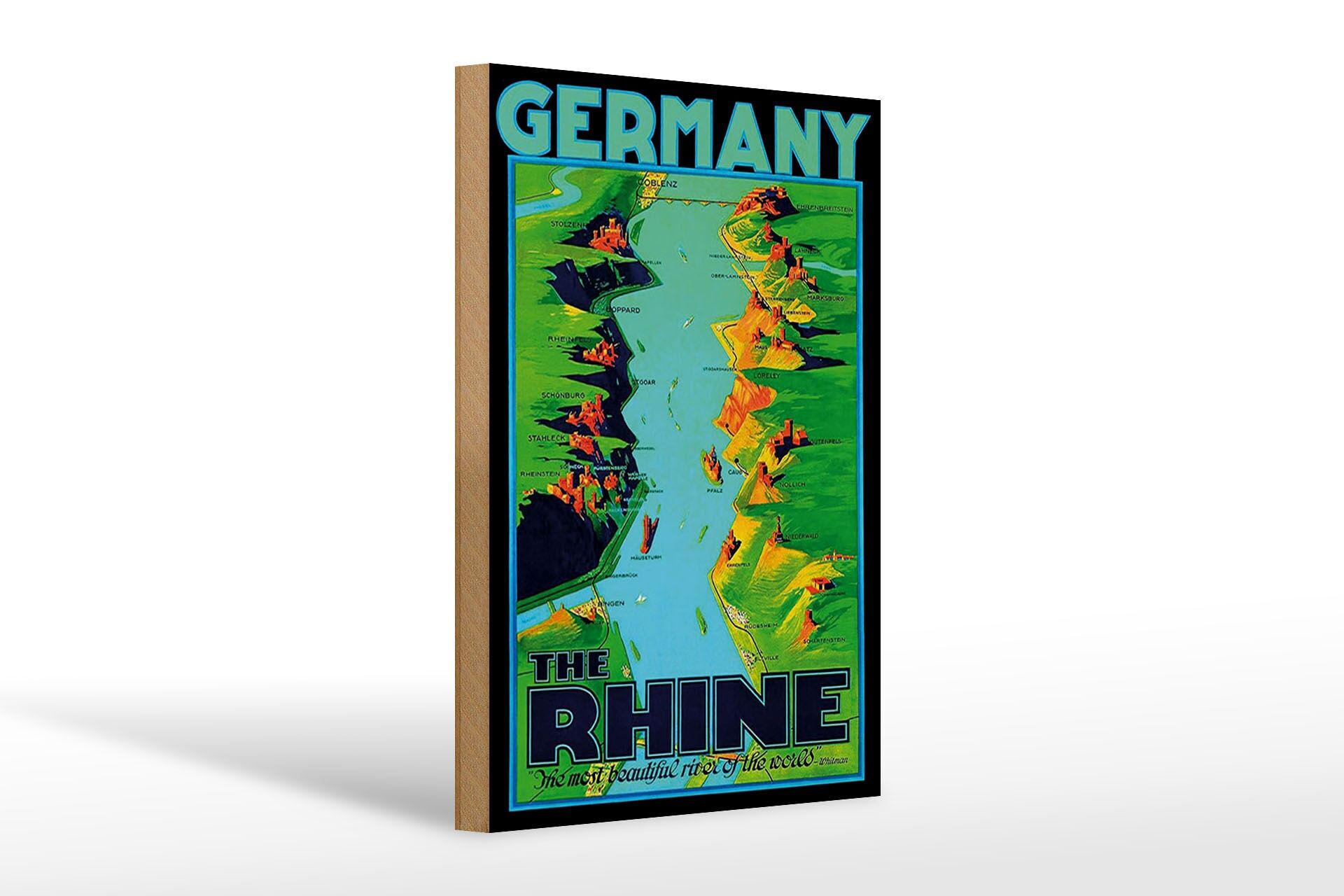 Letrero de madera viaje 20x30 cm el Rin el río más bonito del mundo