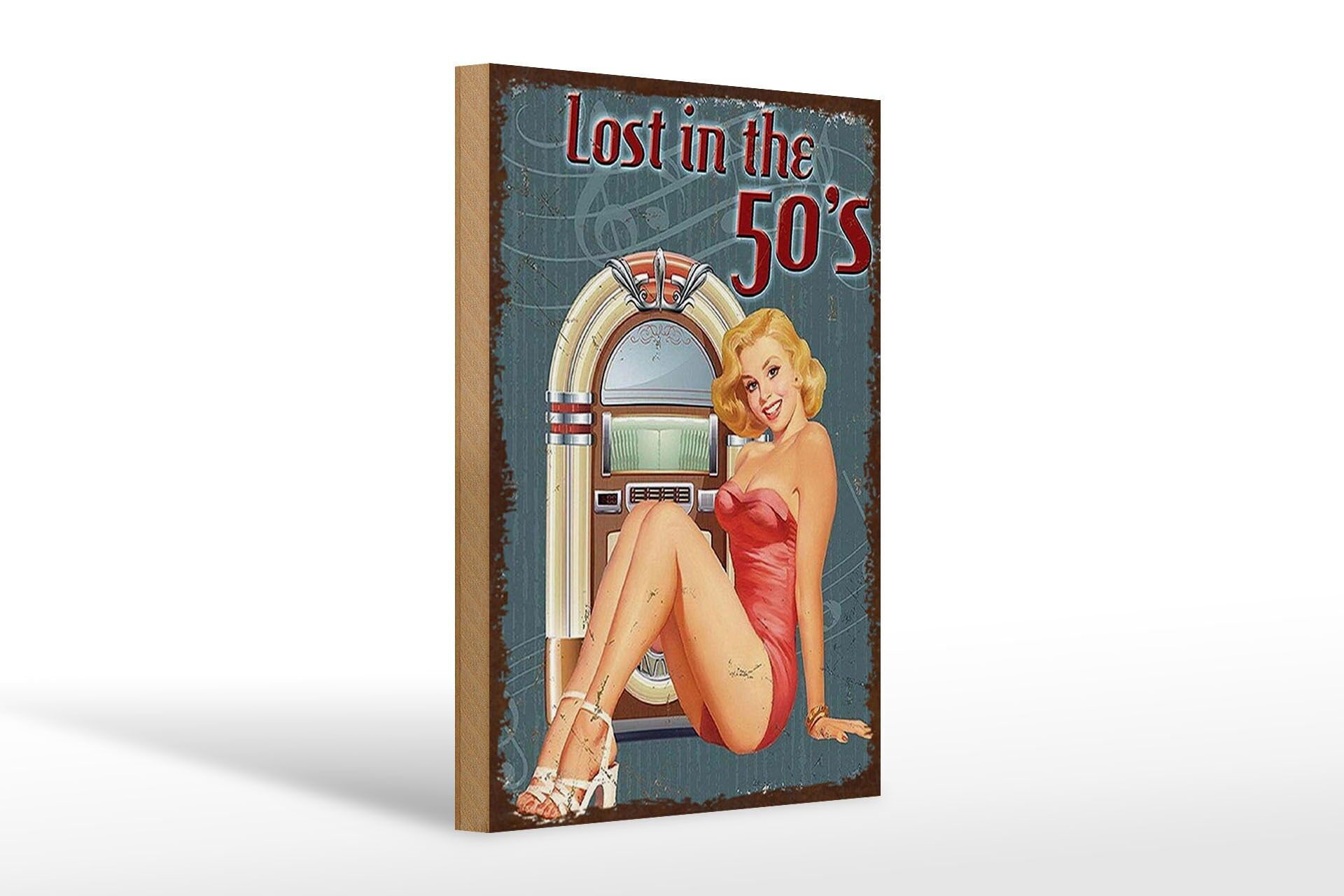 Holzschild Retro 20x30 cm Lost in the 50 s Frau mit Jutebox Deko Schild