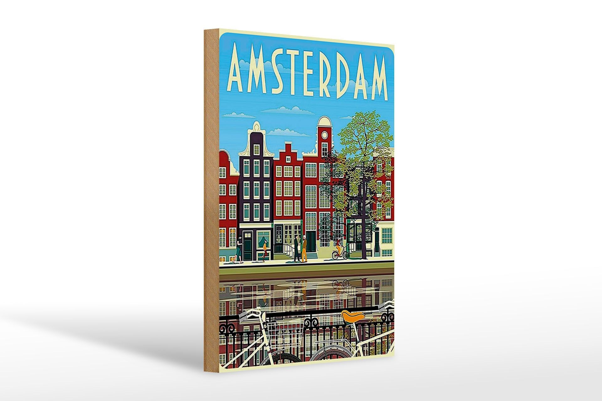 Holzschild Reise 20x30 cm Amsterdam Holland Fahrräder Häuser Deko Schild