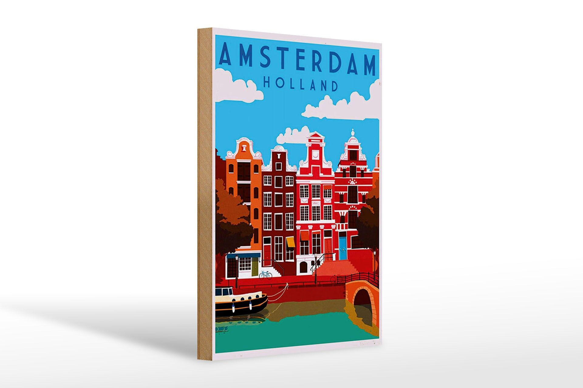 Holzschild Reise 20x30 cm Amsterdam Holland Häuser Kanal Deko Schild