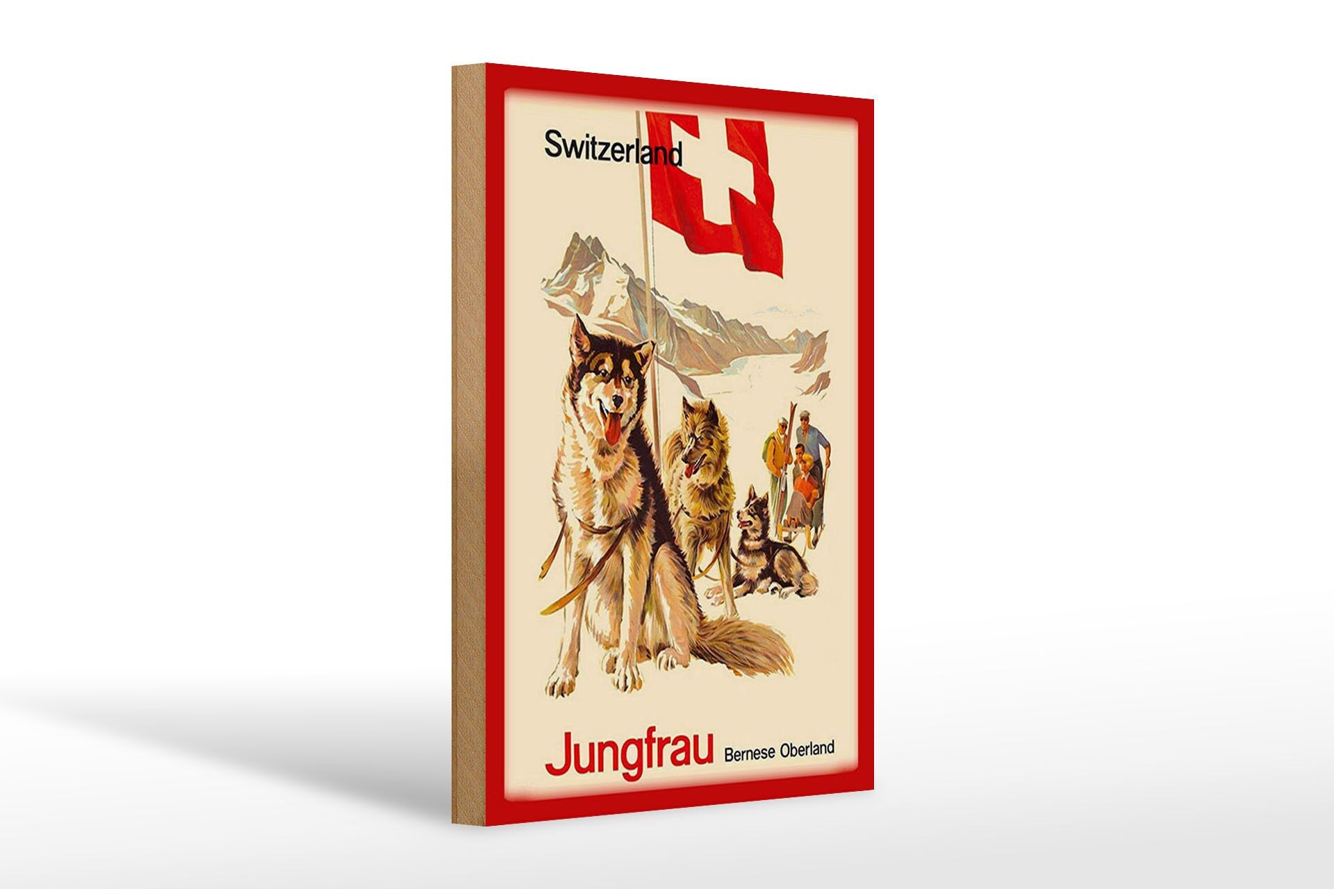 Holzschild Reise 20x30 cm Schweiz Jungfrau Bernese Oberland Hund Deko Schild