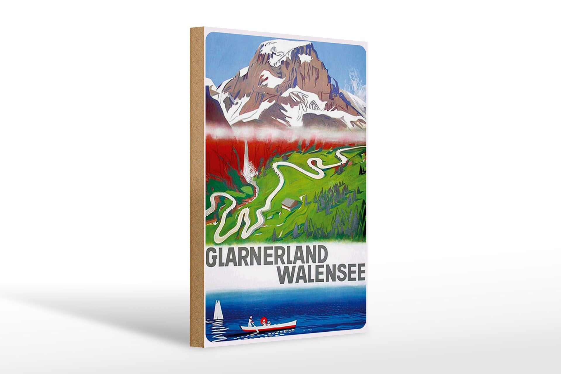 Holzschild Reise 20x30 cm Glarnerland Walensee Berge Tal Deko Schild