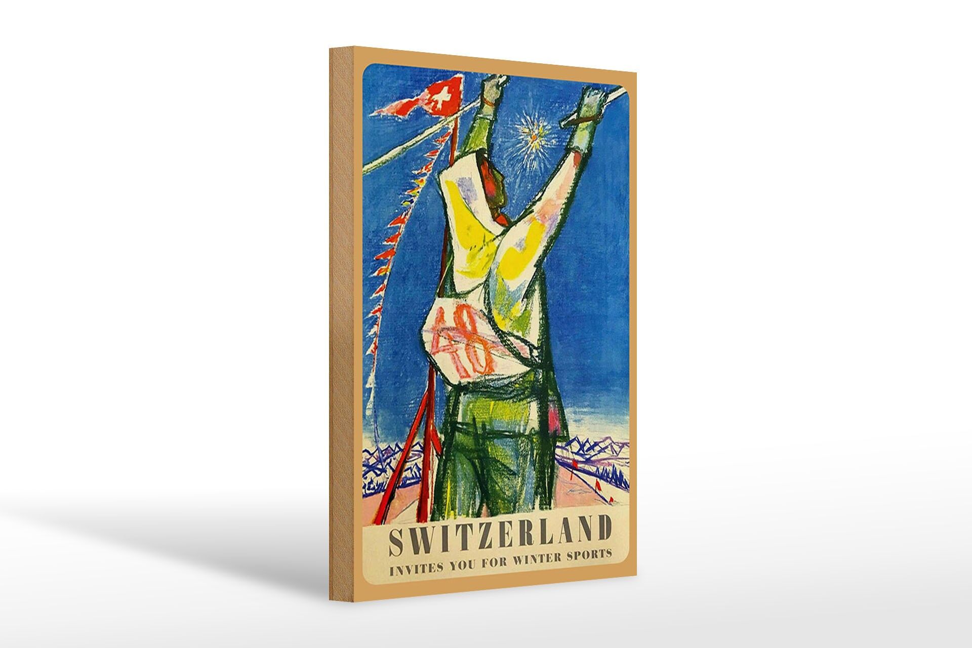 Holzschild Reise 20x30 cm Switzerland invites for winter sport Deko Schild
