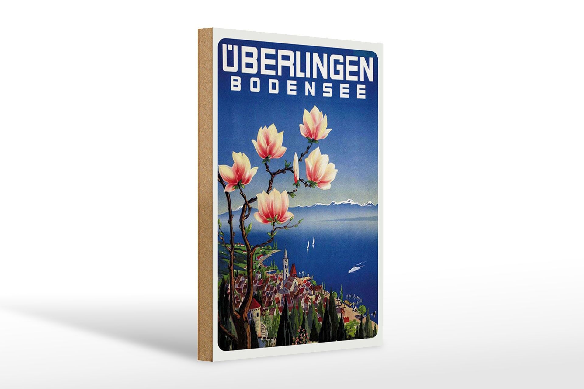 Holzschild Reise 20x30 cm Überlingen Bodensee Blumen See Deko Schild