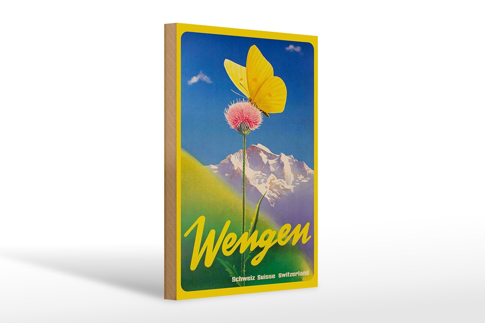 Holzschild Reise 20x30 cm Wengen Schweiz Blume mit Schmetterling Deko Schild