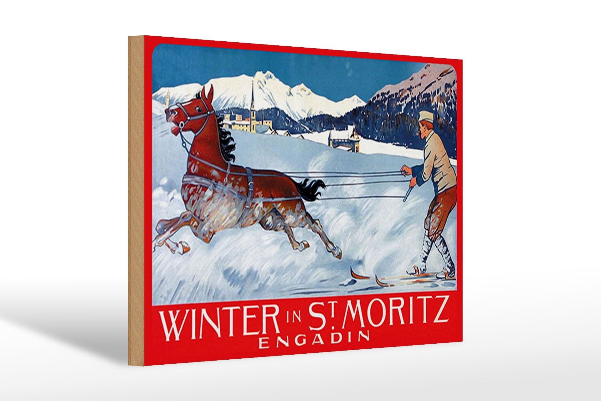 Holzschild Reise 20x30 cm Winter in St. Moritz engadin Deko Schild