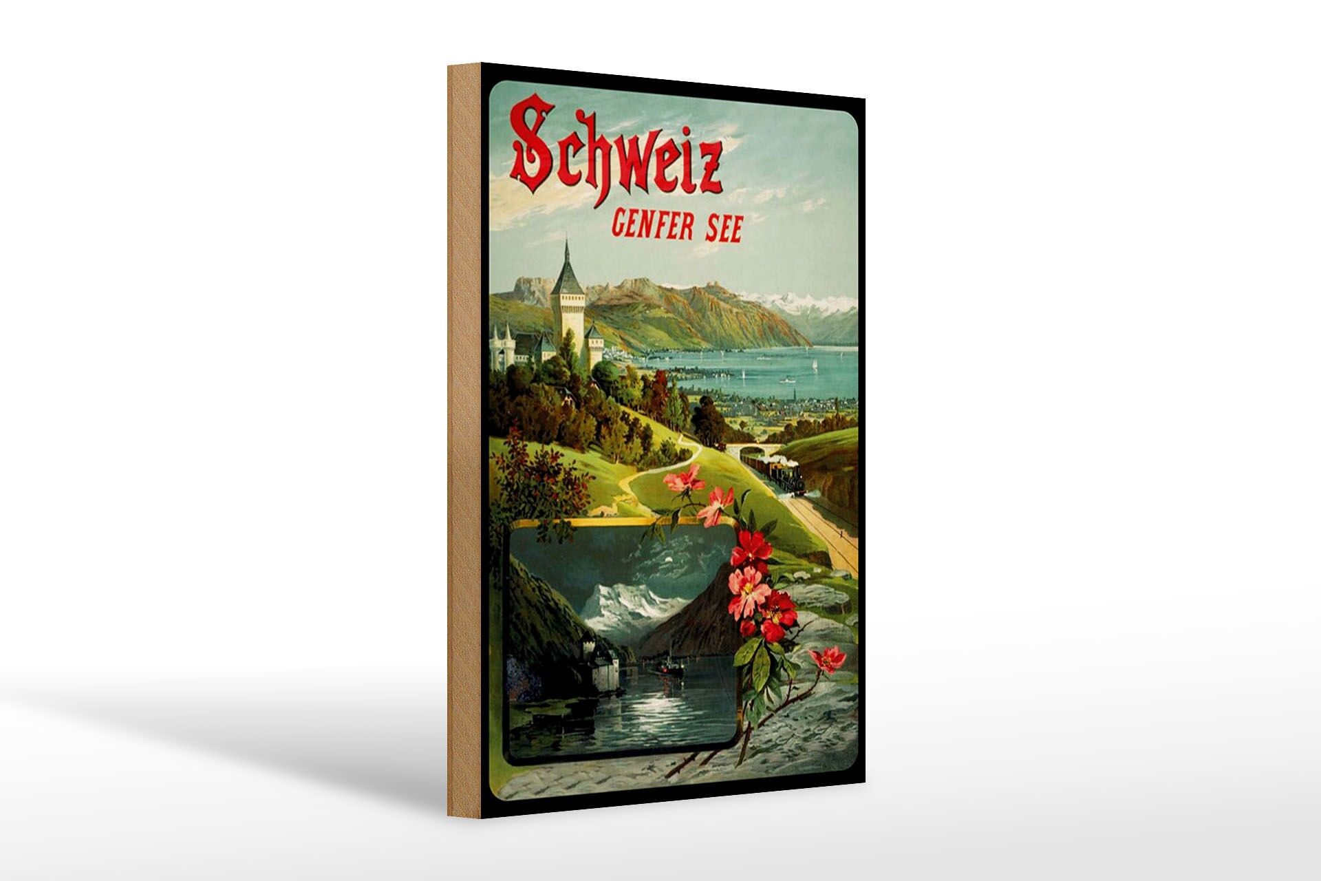 Holzschild Reise 20x30 cm Schweiz Genfer See Nostalgie Deko Schild