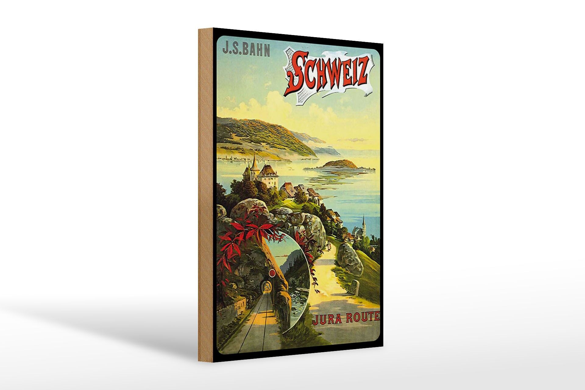 Holzschild Reise 20x30 cm J.S.Bahn Schweiz Jura Route Nostalgie Deko Schild