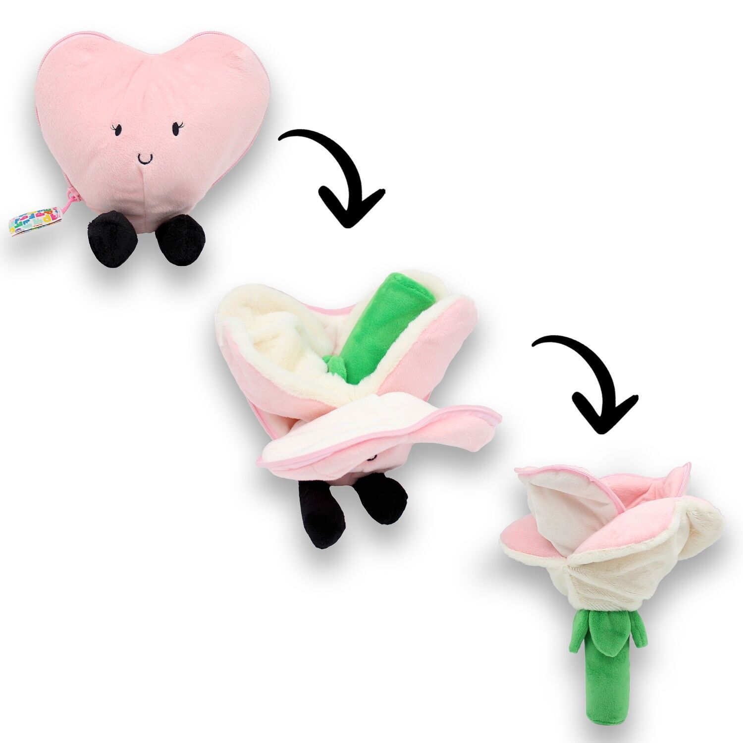 FLIPETZ – ICH LIEBE DICH – ROSA HERZ-/BLUMEN-PLÜSCHTIER – 15 BIS 28 CM