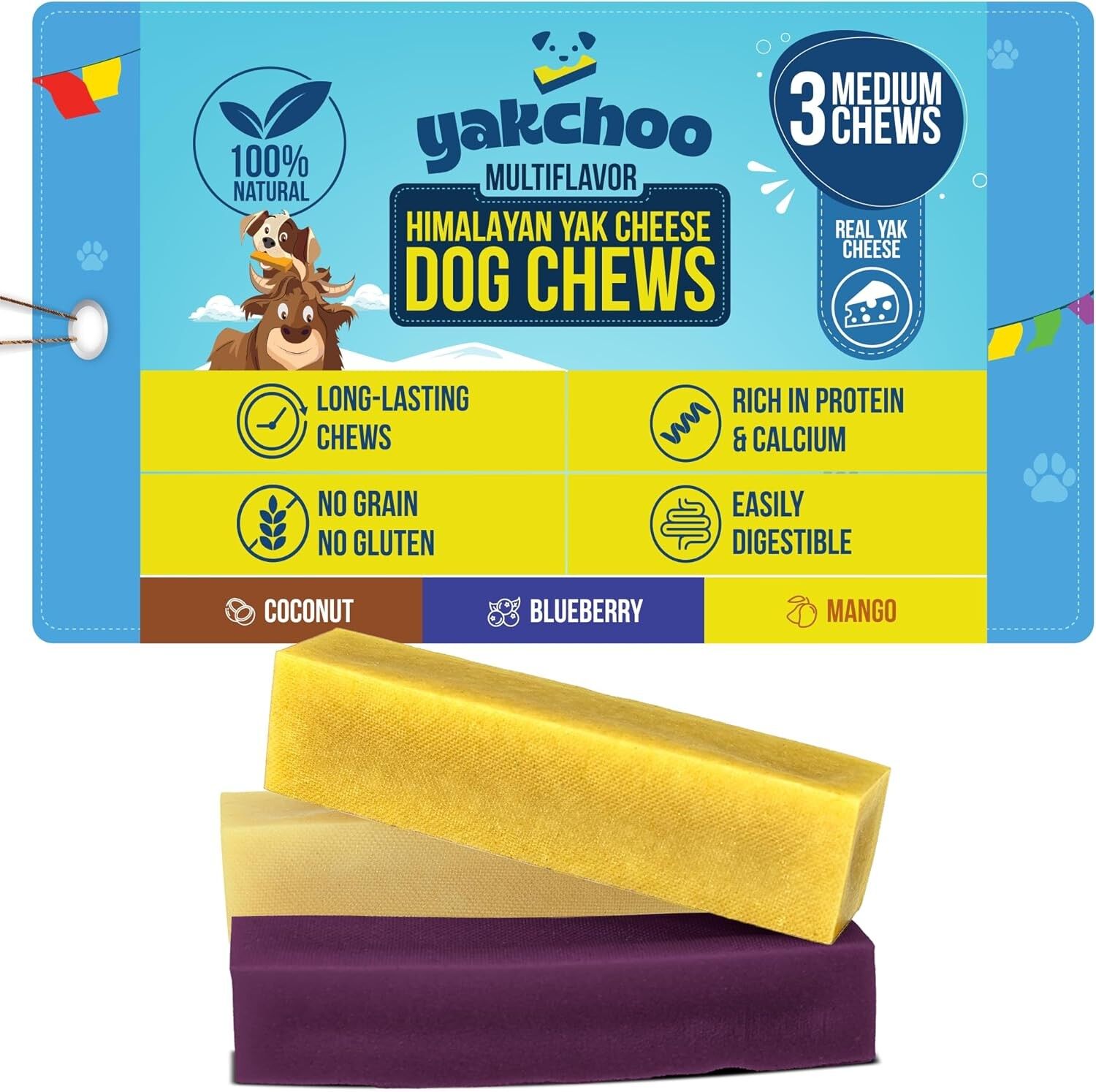 Friandises à mâcher pour chiens Yakchoo au fromage de yak de l'Himalaya – Format moyen 70 g – Myrtille, noix de coco et mangue (lot de 3)
