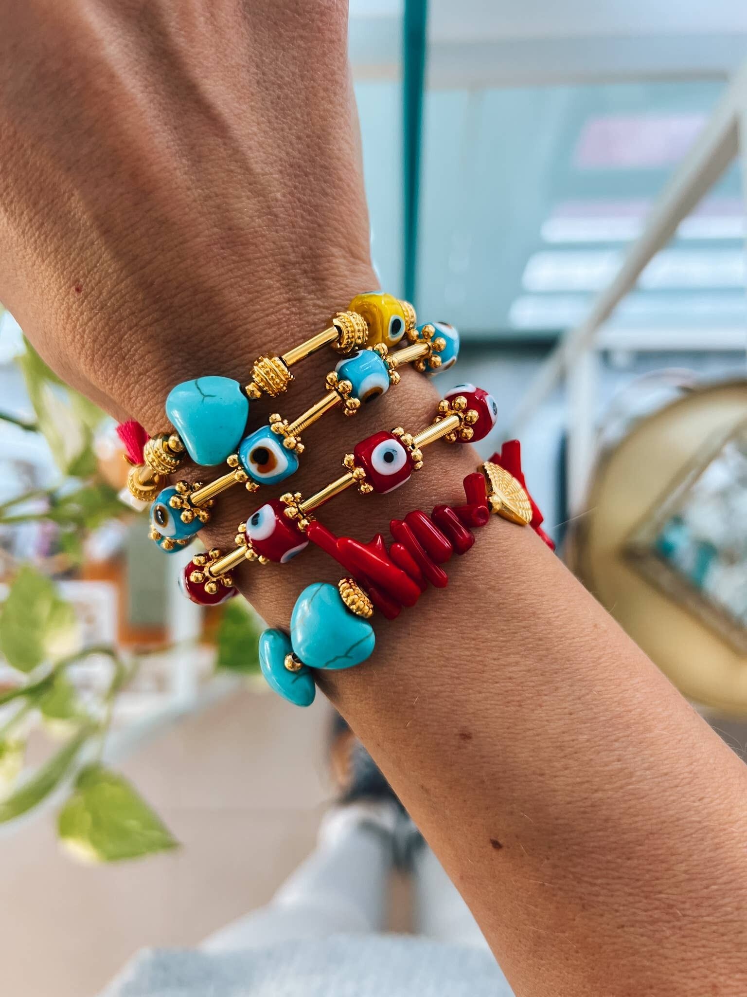 Red coral and turquoise howlite gold bracelets,eye bracelets