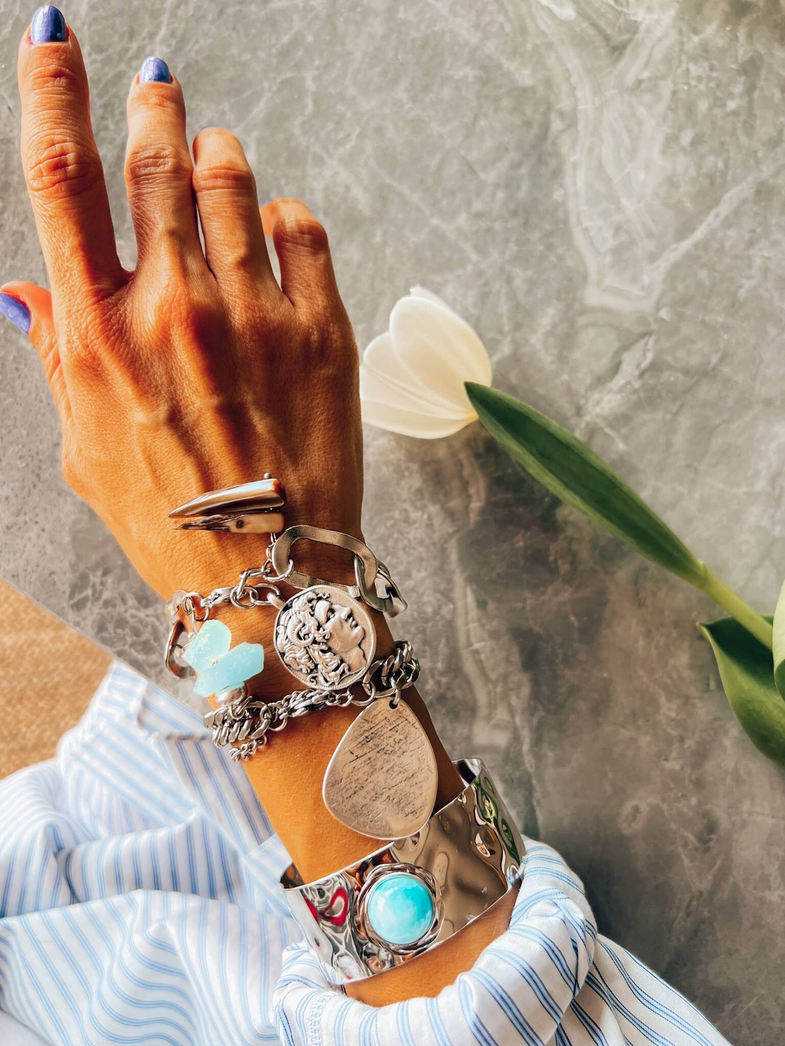 Chaîne en acier argenté, breloque bohème, bracelets semi-précieux