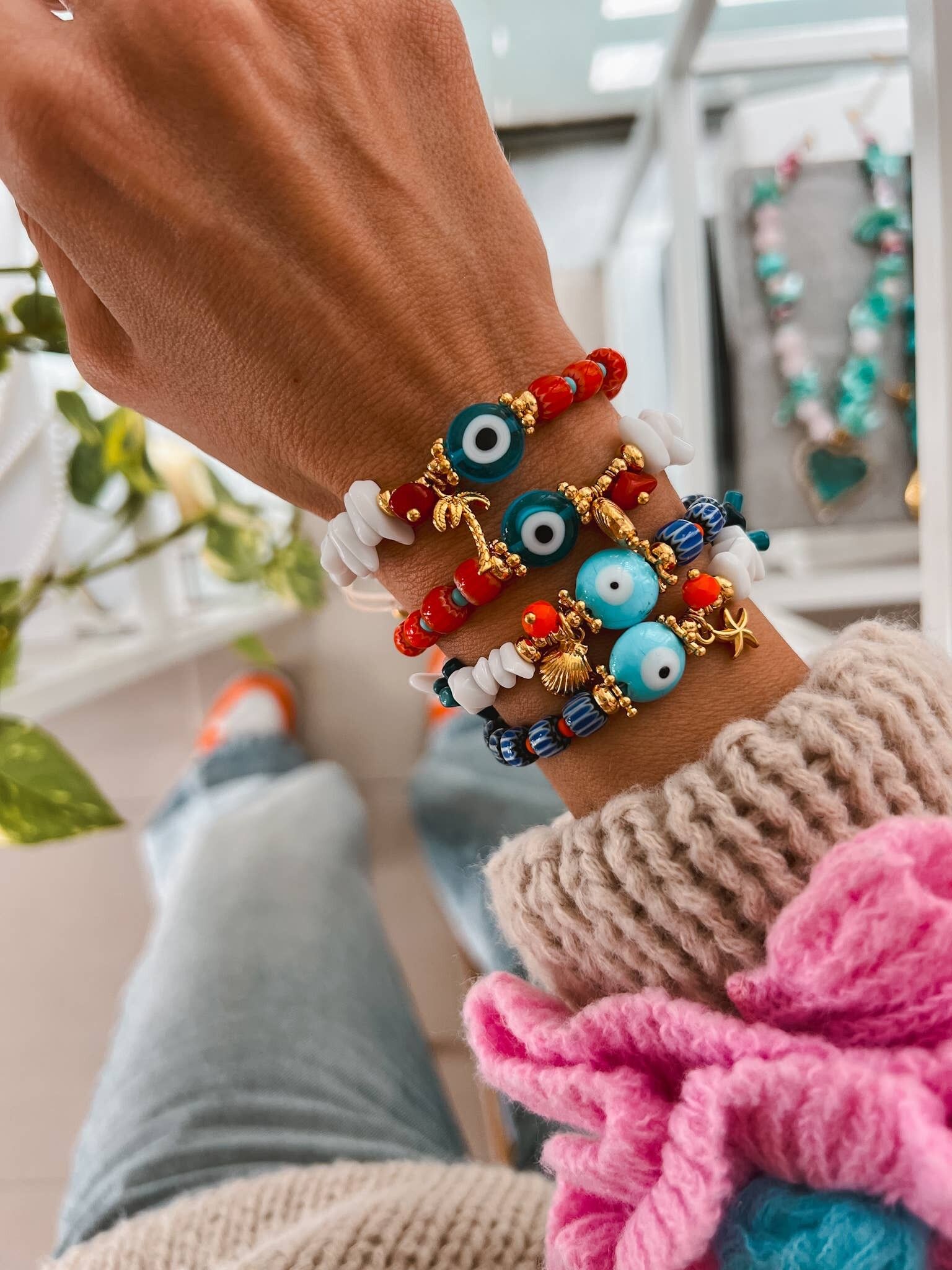 Bracelets d'été avec œil de protection et perles semi-précieuses