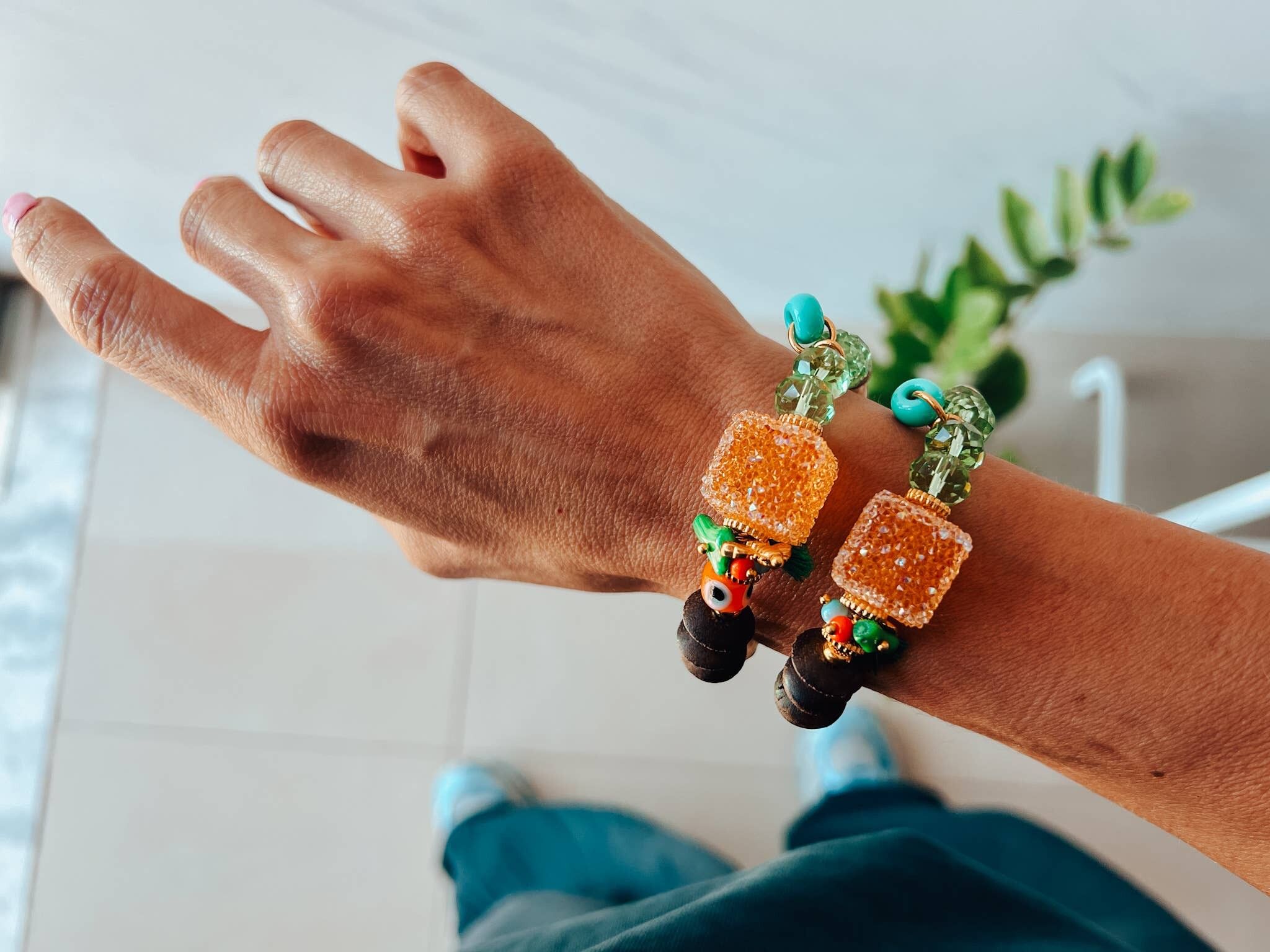 Bracelet en perles en forme de cube de sucre orange