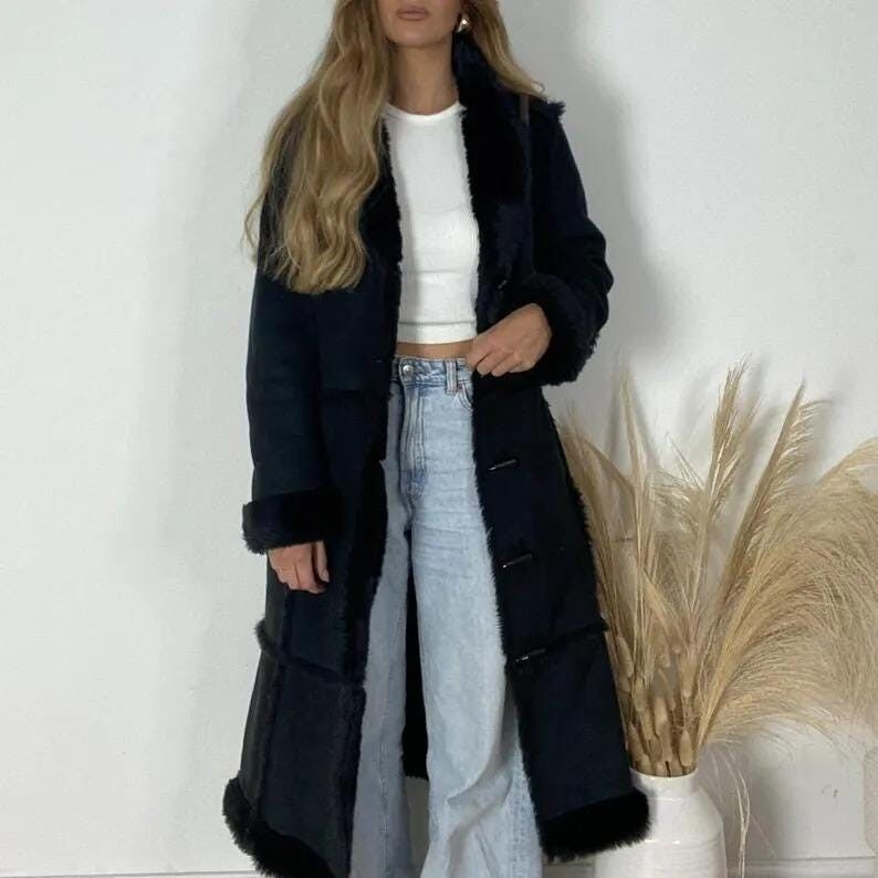 Manteau Penny Lane vintage années 70 en peau lainée : cuir suédé véritable, style bohème afghan