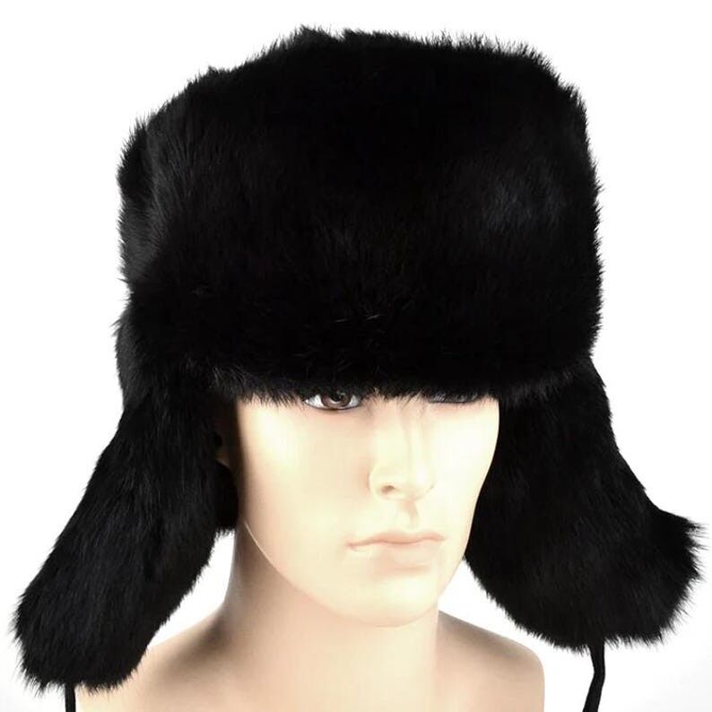 Chapeau trappeur de luxe en fourrure de lapin noir – Authentique style ouchanka russe | Chapeau d'hiver unisexe en fourrure naturelle