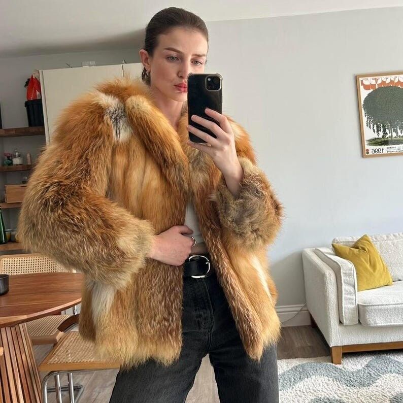 Manteau vintage en fourrure de renard roux : veste d'hiver de luxe oversize